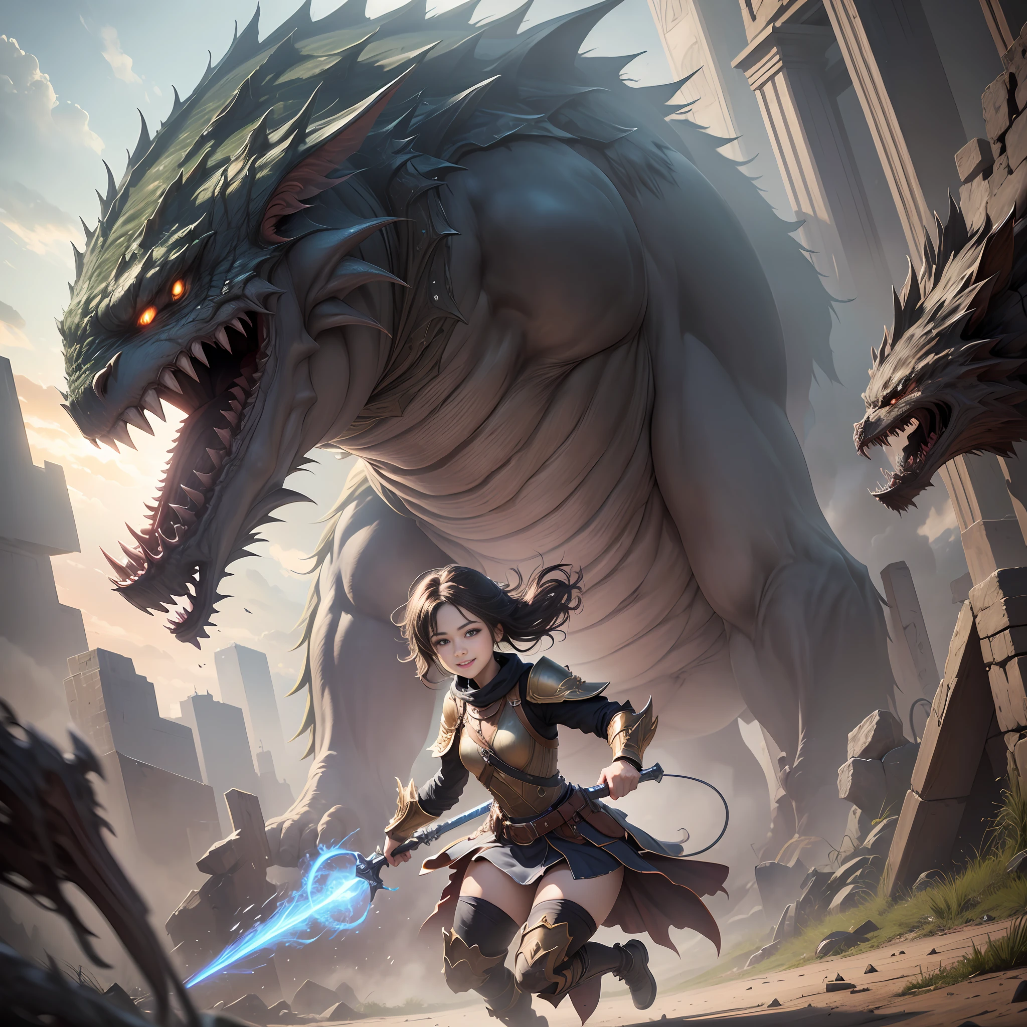 (masterpiece, top quality: 1.2), super detailed, cinematic lighting, HDR, girl fighting monsters, full body, cute, smile, 15 years old,