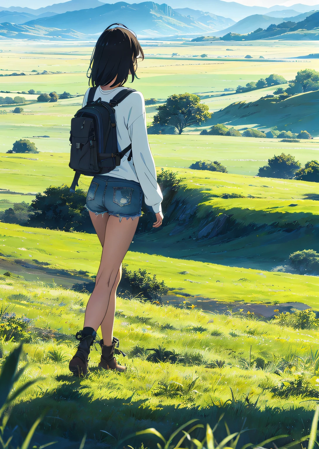 Misa Amane (beautiful and magnificent skyline, majestic sky), (extremely tense and dramatic pictures, moving visual effects), (high hanging Polaris, colorful natural light), (1girl), (long-sleeved top, denim shorts, carrying a backpack), (dynamic pose:1.3, blue eyes, blonde hime-cut hair, sparkling girl)[:0.8], (large grassland), (oncoming breeze), (brown hair and background Coordination effect: 1.2), (close shot, long shot mix and match)[::0.9]