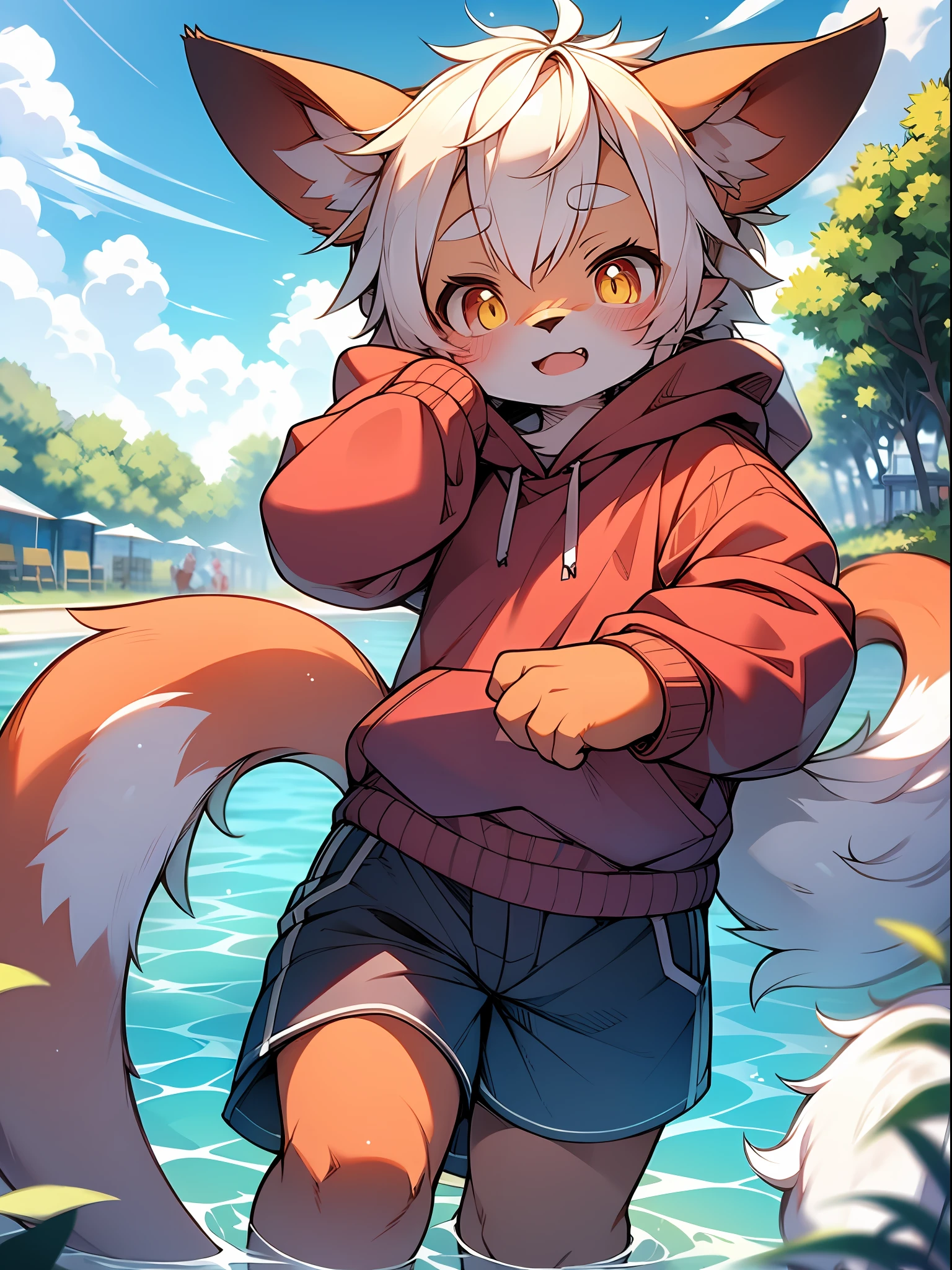 (by dagasi: 1.1), BREAK, Masterpiece, High Resolution, 8k, Detailed Background, High Quality, BREAK, BREAK, ((light blue fur, white hair, black sclera, yellow eyes, fluffy, detailed fur)) Fur, break, male, humanoid, shorts, swimming trunks