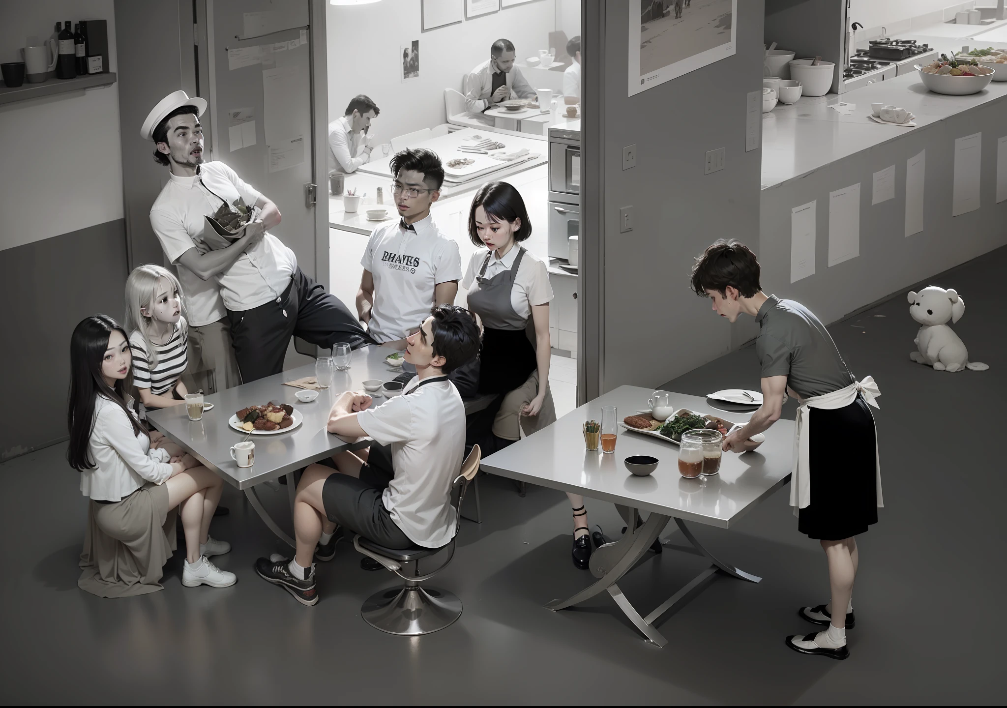 Six people had a dinner together，There was also a waiter scooping soup