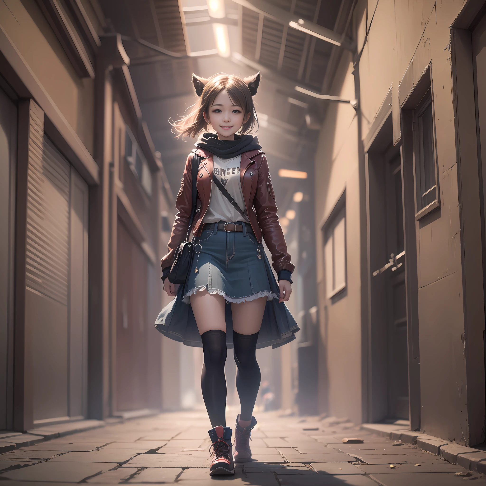(masterpiece, top quality: 1.2), super detailed, cinematic lighting, HDR, girl walking with monster, full body, cute, smile, 15 years old,