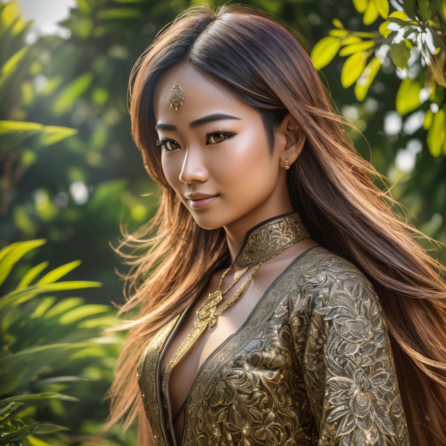 Close-up portrait of a young sexy Chinese woman，She was dressed revealingly，In the spa、Symmetrical face、Outdoor lighting、Contemplative atmosphere、Keen eyes