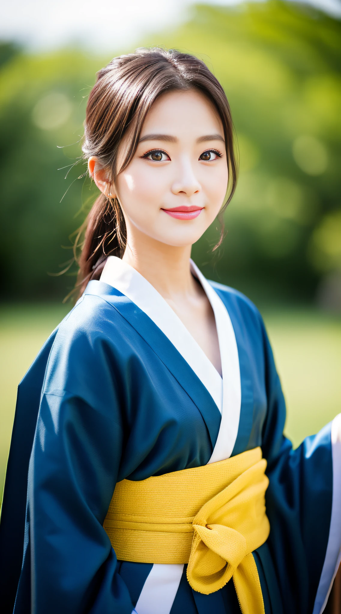 ((Top Quality, 8K, Masterpiece: 1.3)), Sharp Focus: 1.2, (Super Beautiful Face: 1.0), (Slender Abs Beauty: 1.0), (Shiny Skin: 1.0), Realistic Photography, Black Hair, Realistic Pupils, Video Lighting, High Definition Eyes and Face, Video Lighting, (Cowboy Shot: 1.3), (kimono, hakama, obi: 1.4), (Korean Cute Actress), in nature, traditional kimono, happy, Looking at the audience, head on,