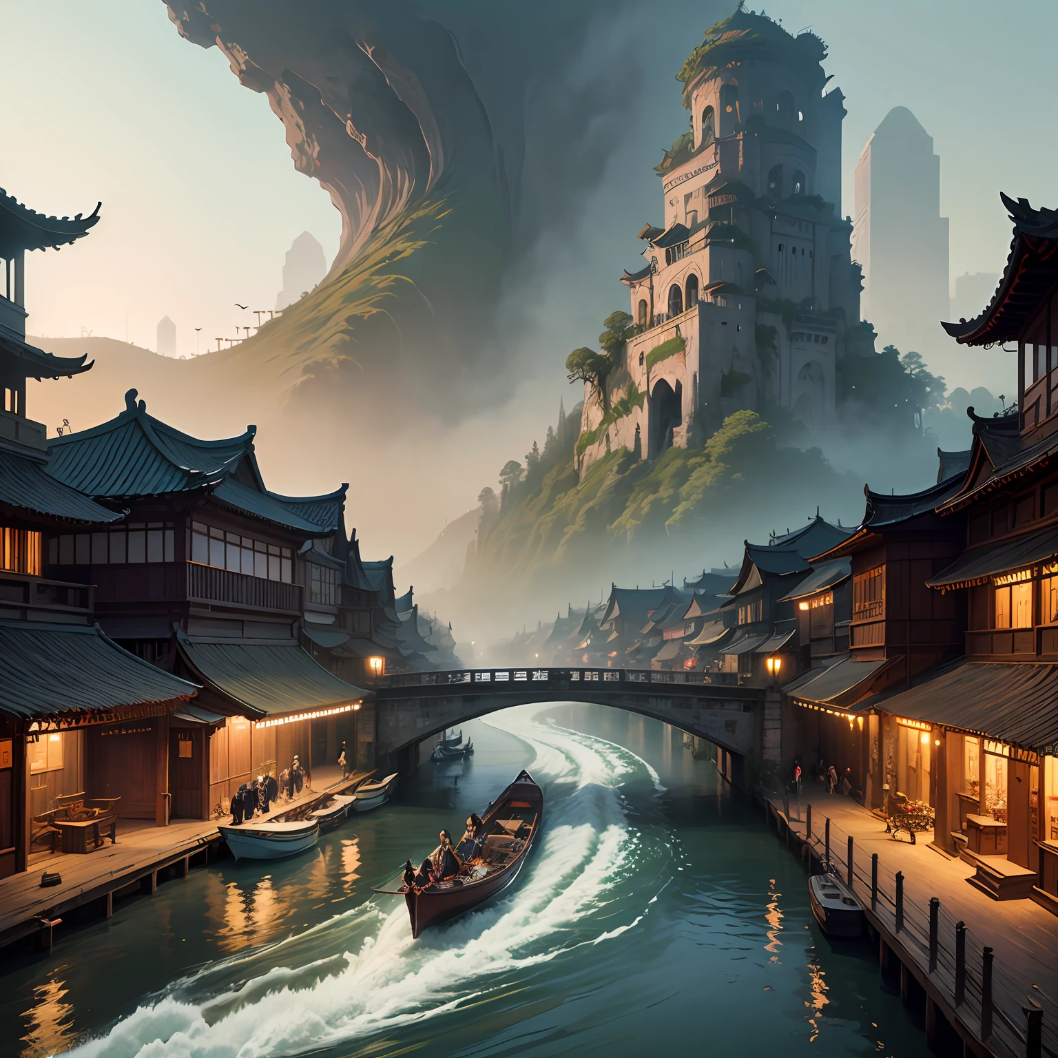 Qingming upper river map, horizontal layout, high resolution, best quality, super detail, dynamic angle, floating, bustling cityscape, intricate details, historical buildings, flowing river, bright colors, volumetric lighting, crowded boats and bridges, rich cultural background. --auto