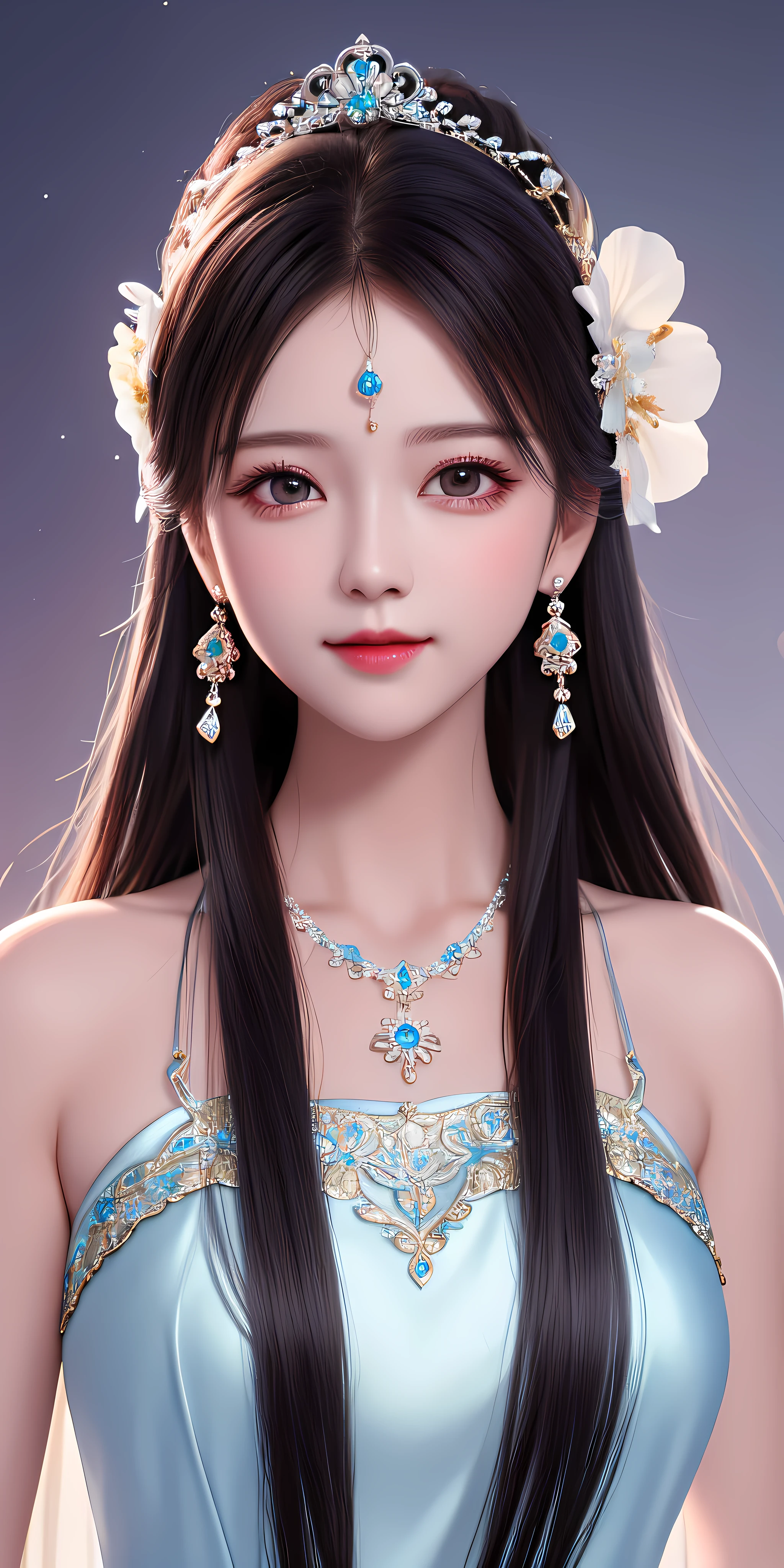 Best quality, masterpiece, high resolution, 1girl, clear silk porcelain dress, beautiful face, hair accessories, looking at the audience, smiling, close your mouth, lips, dress, hair accessories, necklaces, jewelry, long hair, earrings, beautiful face, on the body, Tindal effect, realism, dark studio, edge lighting, two-tone lighting, (high detail skin: 1.2), 8k UHD, DSLR, soft light, high quality, volumetric lighting, photo, high resolution 4K, 8k, blurred background