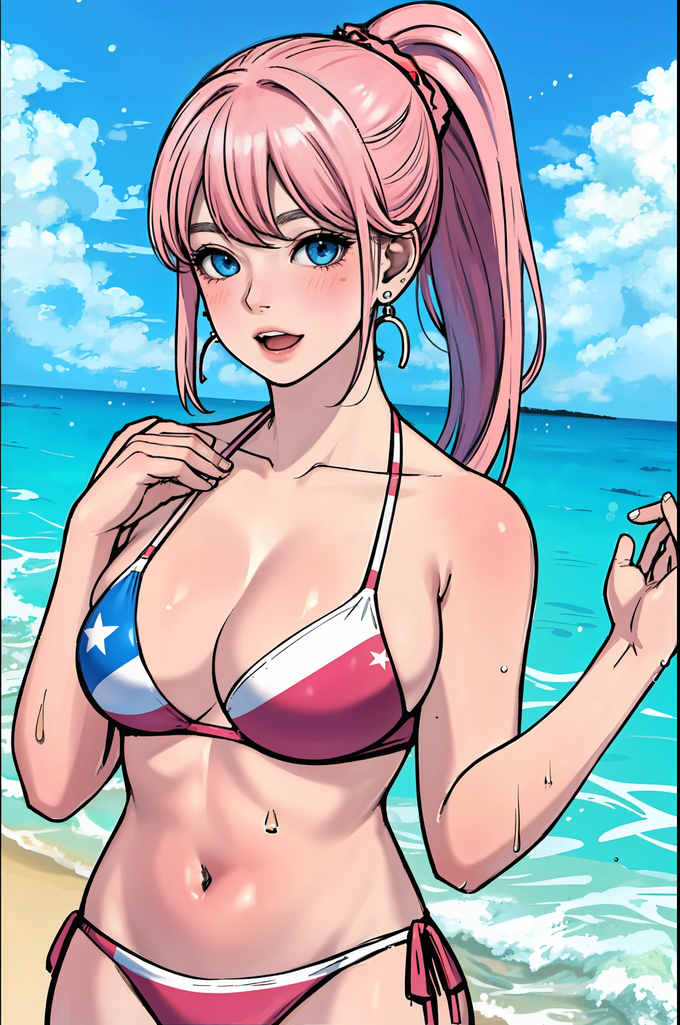 synecdoche, masterpiece, best quality, 1girl, breasts, flag print, swimsuit, american flag bikini, large breasts, blush, pink hair, bangs, open mouth, bikini, solo, looking at viewer, collarbone, blue eyes, swept bangs, earrings, bare shoulders, smile, cleavage, jewelry, sky, long hair, ponytail, blue sky, areola slip, wet