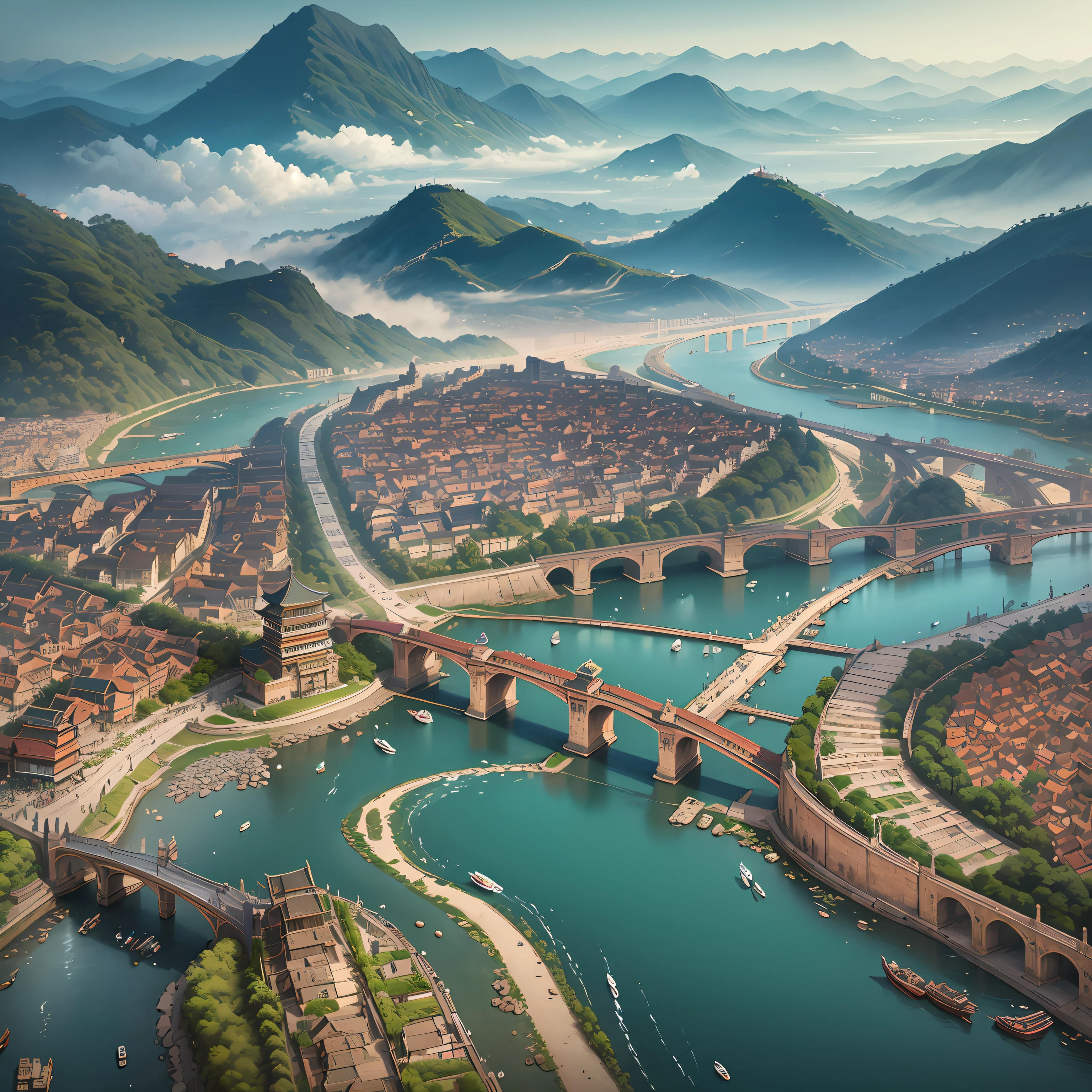 Qingming upper river map, horizontal layout, high resolution, best quality, super detail, dynamic angle, floating, bustling cityscape, intricate details, historical buildings, flowing river, bright colors, volumetric lighting, crowded boats and bridges, rich cultural background. --auto