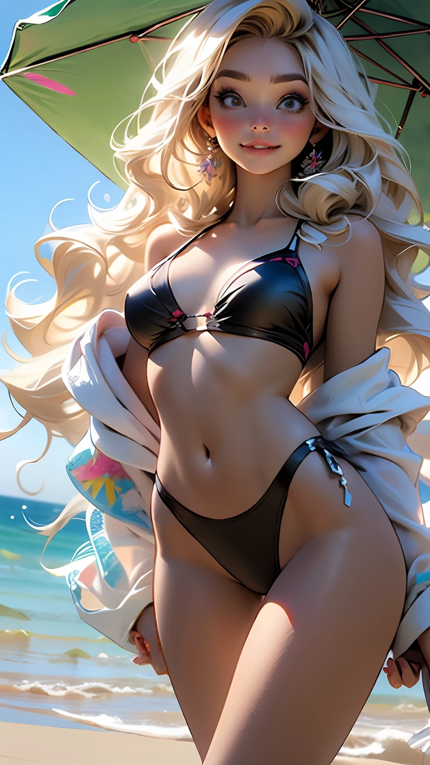 melancholy lighting, quiet, calm, brightness, masterpiece, best quality, 1girl, (JinxLol:1.2), (ultra photorealistic:1.3), (masterpiece:1.4), best quality, ((realistic)), high quality, ultra detailed, ((real image)), ((realistic skin)), ((realistic face)),(illustration:1.05), (beautiful:1.05), (beautiful detailed eyes:1.05), (cinematic light:1.1), full body, precise proportions, 18 year old girl, slim model TOMANHDO BATH in the sea, waves, beach, umbrella shadow, GINGER BLONDIE hair fluttering in the wind, detailed bikini, long legs, feet slightly open, buttocks, blush, shyness, collarbone, abdominals, double weave, beautiful and delicate face, fair skin, real skin, (face detail), pores, super high resolution, 8k, parameters Best quality, masterpiece, super high resolution, (Realistic 2.0), More details, detailed skin, wide smile, white teeth, GINGER BLONDIE voluminous hair, perfect and well designed eyes, girlfriend, beautiful, beautiful, flowers, studio lighting, BLUE SKY BACKGROUND