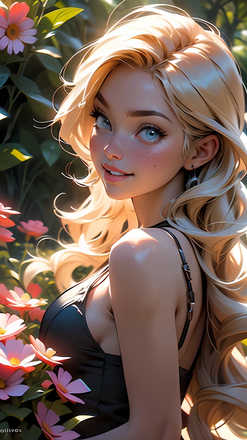 melancholy lighting, quiet, calm, brightness, masterpiece, best quality, 1girl, (JinxLol:1.2), (ultra photorealistic:1.3), (masterpiece:1.4), best quality, ((realistic)), high quality, ultra detailed, ((Real image)), ((realistic skin)), ((realistic face)),(illustration:1.05), (beautiful:1.05), (beautiful detailed eyes:1.05), (cinematic light:1.1), Full body, precise proportions, 18-year-old girl, skinny model lying on the grass, surrounding garden,  tree shadow, GINGER BLONDIE hair fluttering in the wind, DARK BLUE DRESS, long legs, feet slightly open, buttocks, blush, shyness, collarbone, abdominals, double weave, beautiful and delicate face, fair skin, real skin, (face detail), pores, super high resolution, 8k, parameters Best quality, masterpiece, super high resolution, (Realistic 2.0), More details, detailed skin, wide smile, white teeth,  GINGER BLONDIE hair voluminous, perfect and well designed eyes, girlfriend, beautiful, beautiful, flowers, studio lighting
