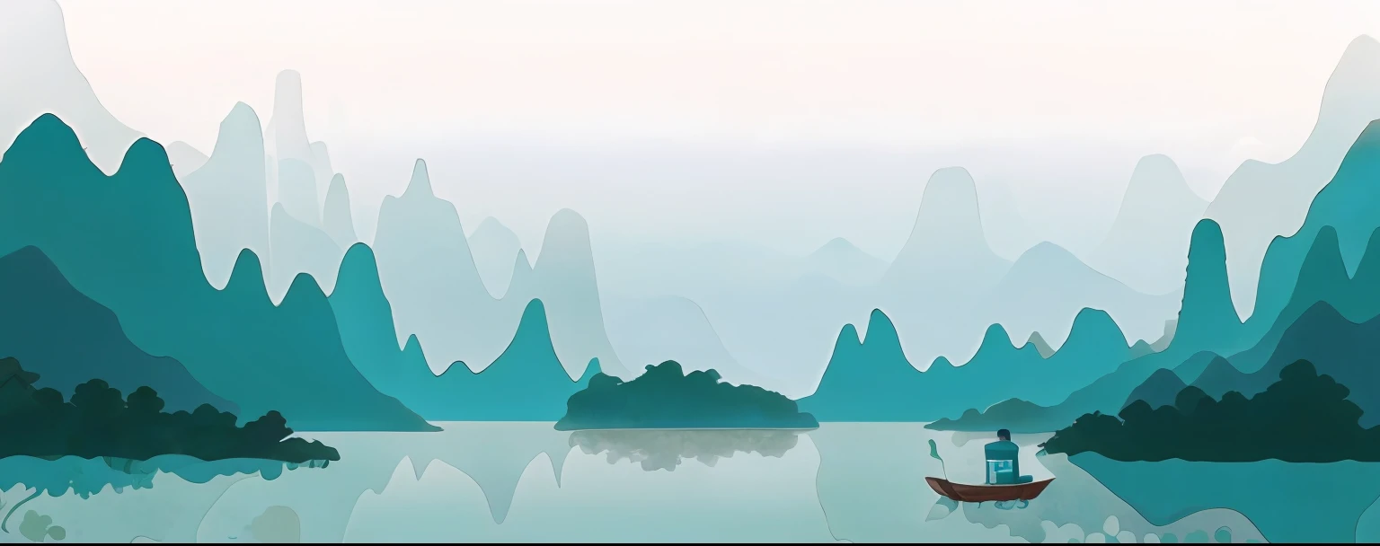 there is a man on a boat in the middle of a lake, lake background, detailed scenery —width 672, chinese landscape, serene illustration, island background, avatar landscape, water landscape, beautiful lake background, landscape illustration, floating mountains, teal landscape, serene landscape, landscape background, mountains and lakes, 2d minimalist vector art, mountain lake --auto