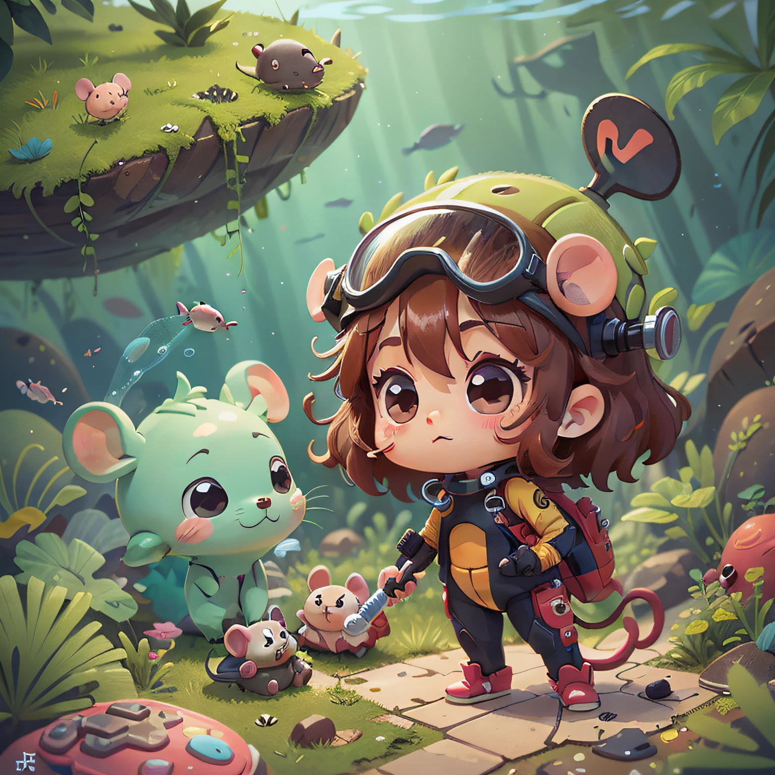 chibi, mouse, cute, scuba diver, hazel, bigbadejo, full body, masterpiece, 3D Rendering, Best Quality, Lots of Detail, (plain background), vinyl toy figurine