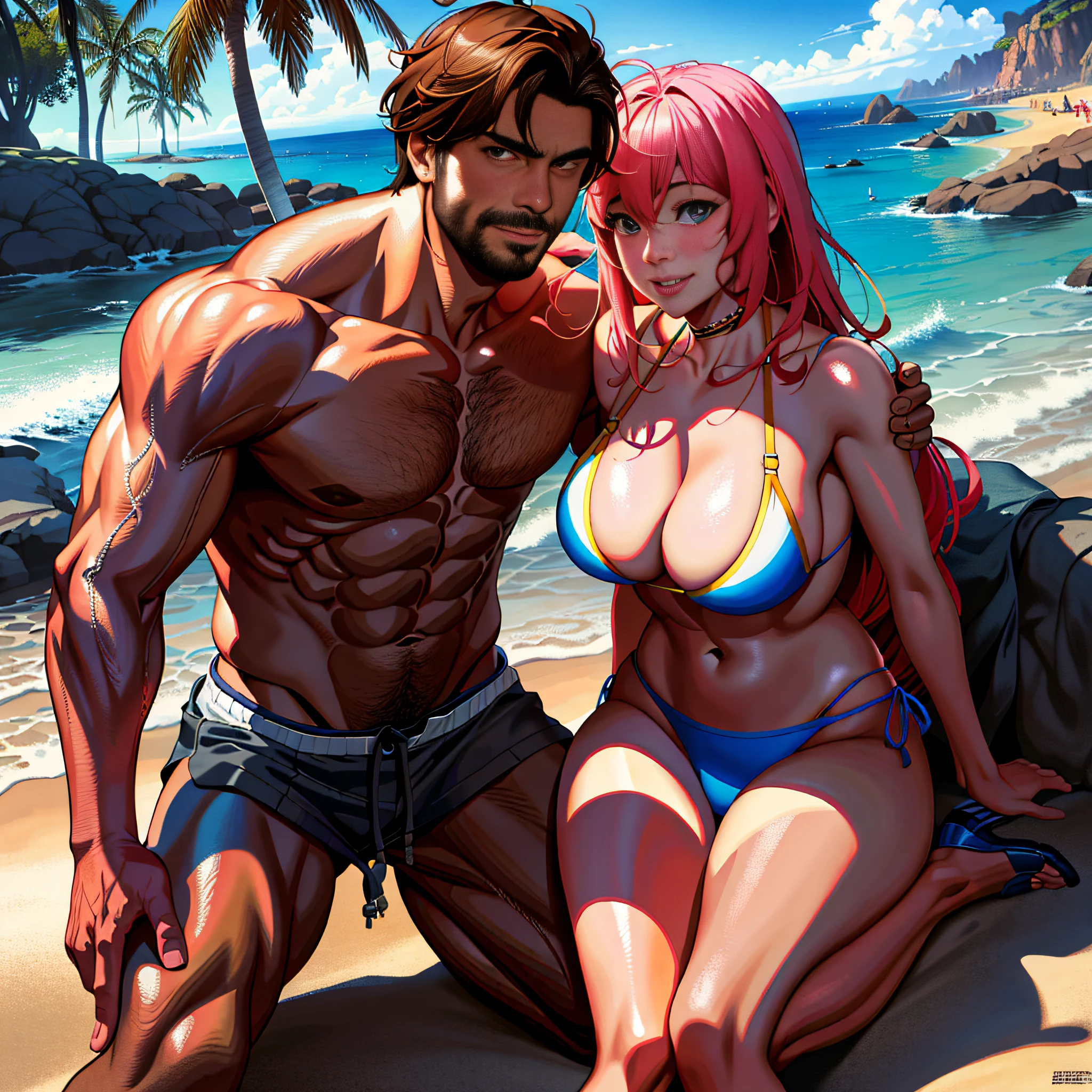 there is a man and a woman sitting on a beach, wlop and andrei riabovitchev, commission for high res, inspired by Tim and Greg Hildebrandt, cutesexyrobutts, artgerm and genzoman, inspired by Greg Hildebrandt, romance novel cover, inspired by the Brothers Hildebrandt, sakimichan and frank franzzeta