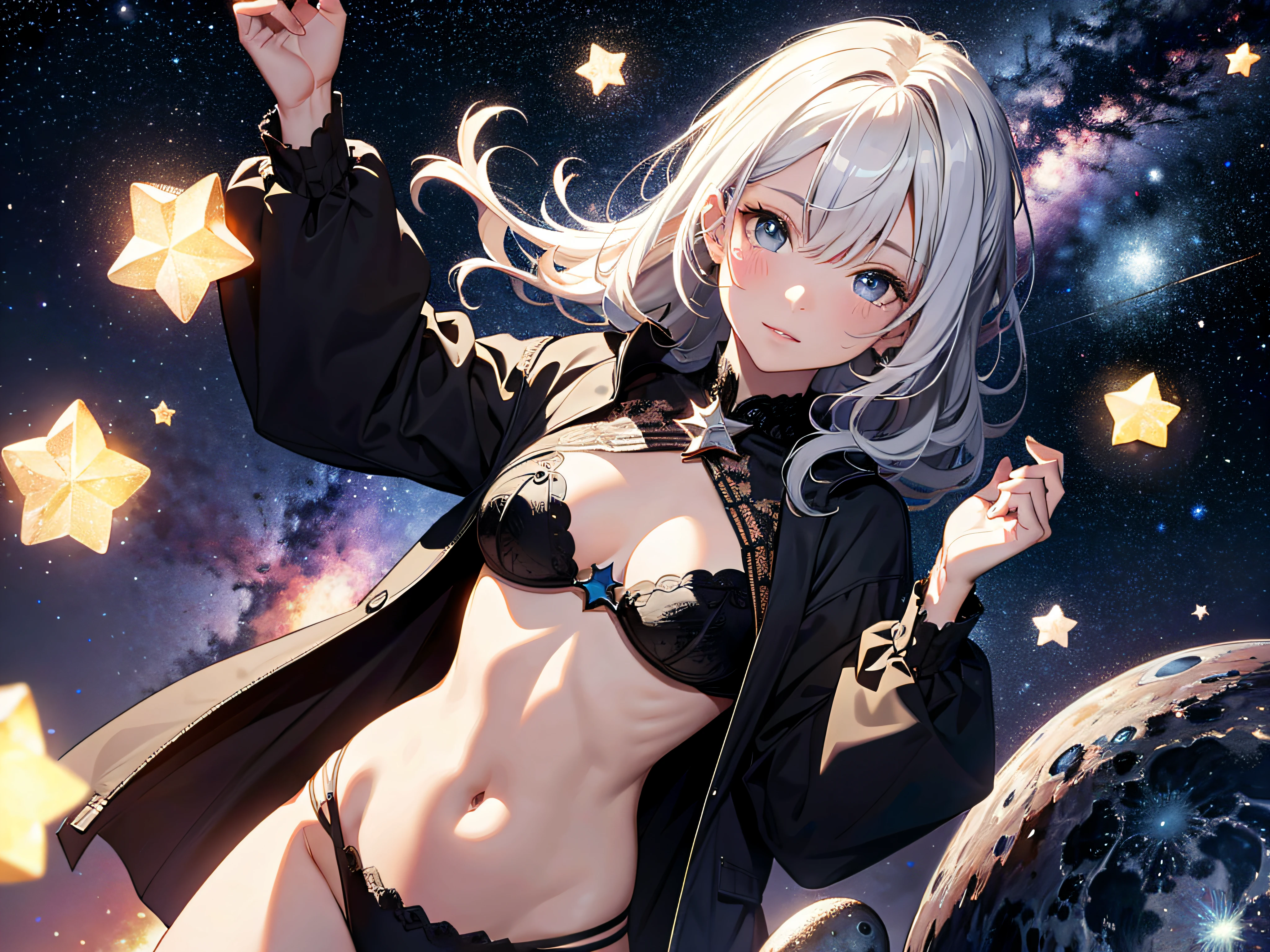 ridiculous resolution, high resolution, (masterpiece:1.4), super detailed, stars, seen from above, space, floating, --v 6