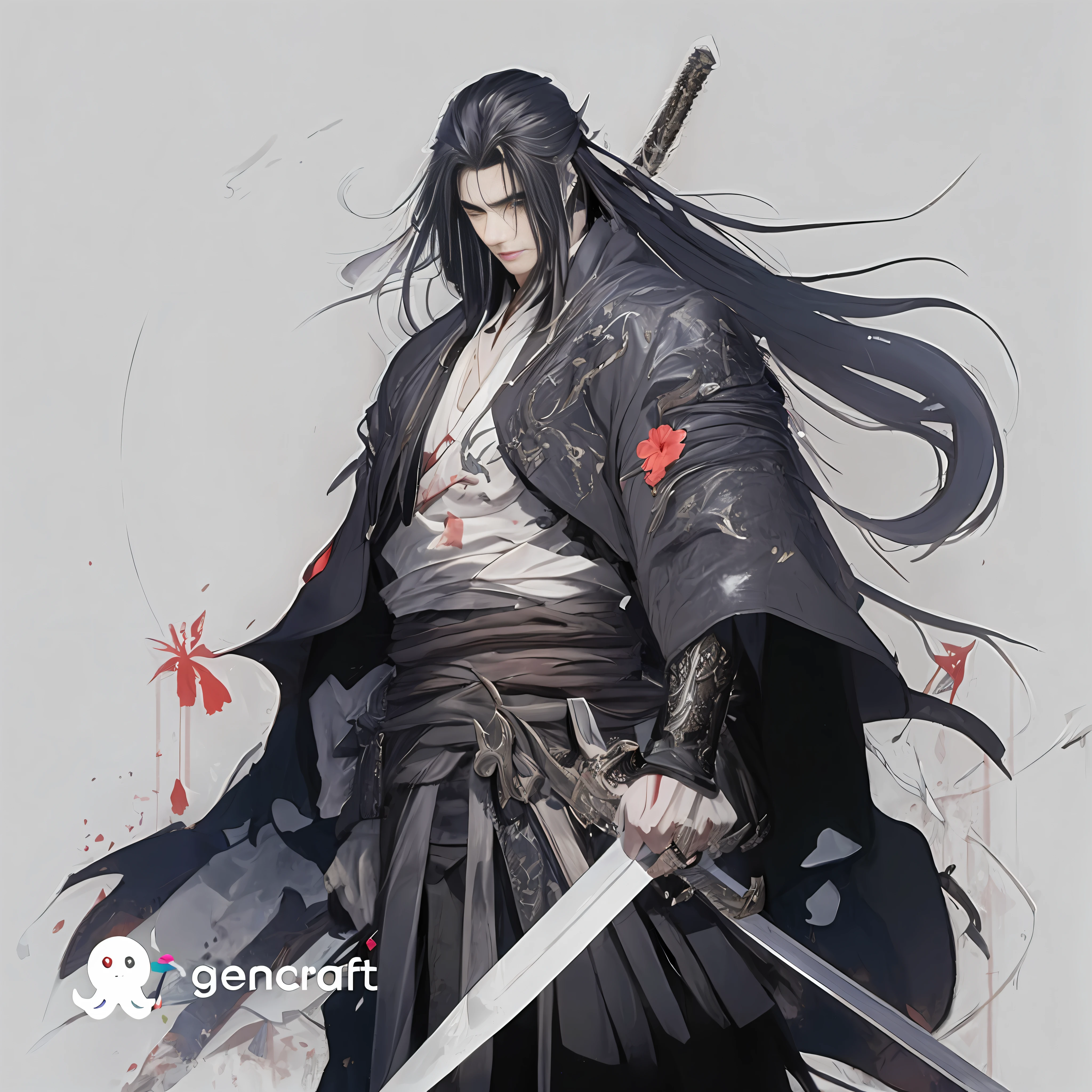 personagem de anime com espada e sangue espalhados na parede, Deus masculino bonito da morte, cara bonito na arte demon slayer, de arknights, Onmyoji, por Yang J, Arte no estilo de Guweiz, arte detalhada Onmyoji, trending on artstation pixiv, samurai cyberpunk muito bonito, Ronin, Shinigami