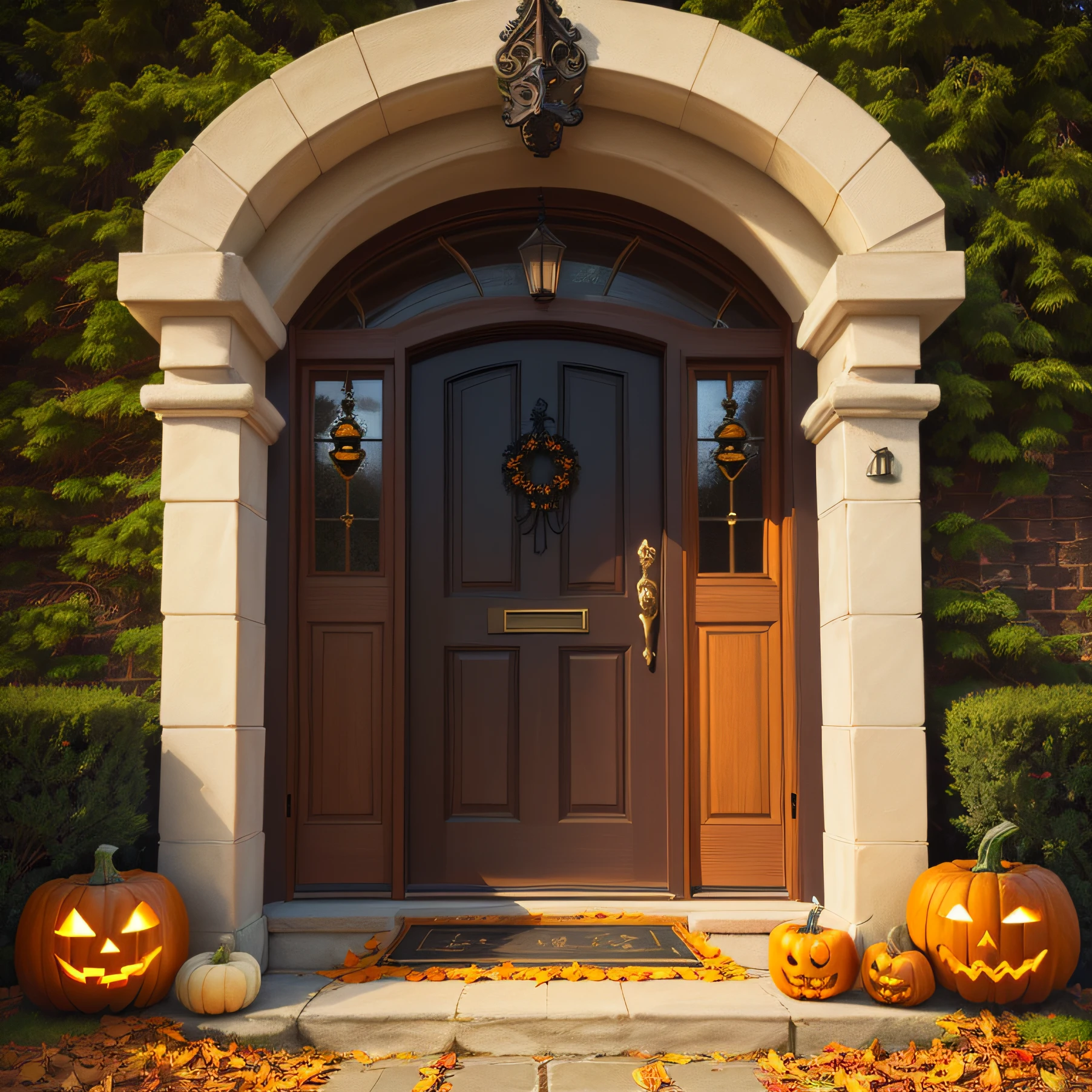 doorway,nordic,Halloween decoration,Villa doorstep,Gateway,ground,Realisticstyle,Photographic pictures,Vivid details,The pumpkin is well decorated,overlook