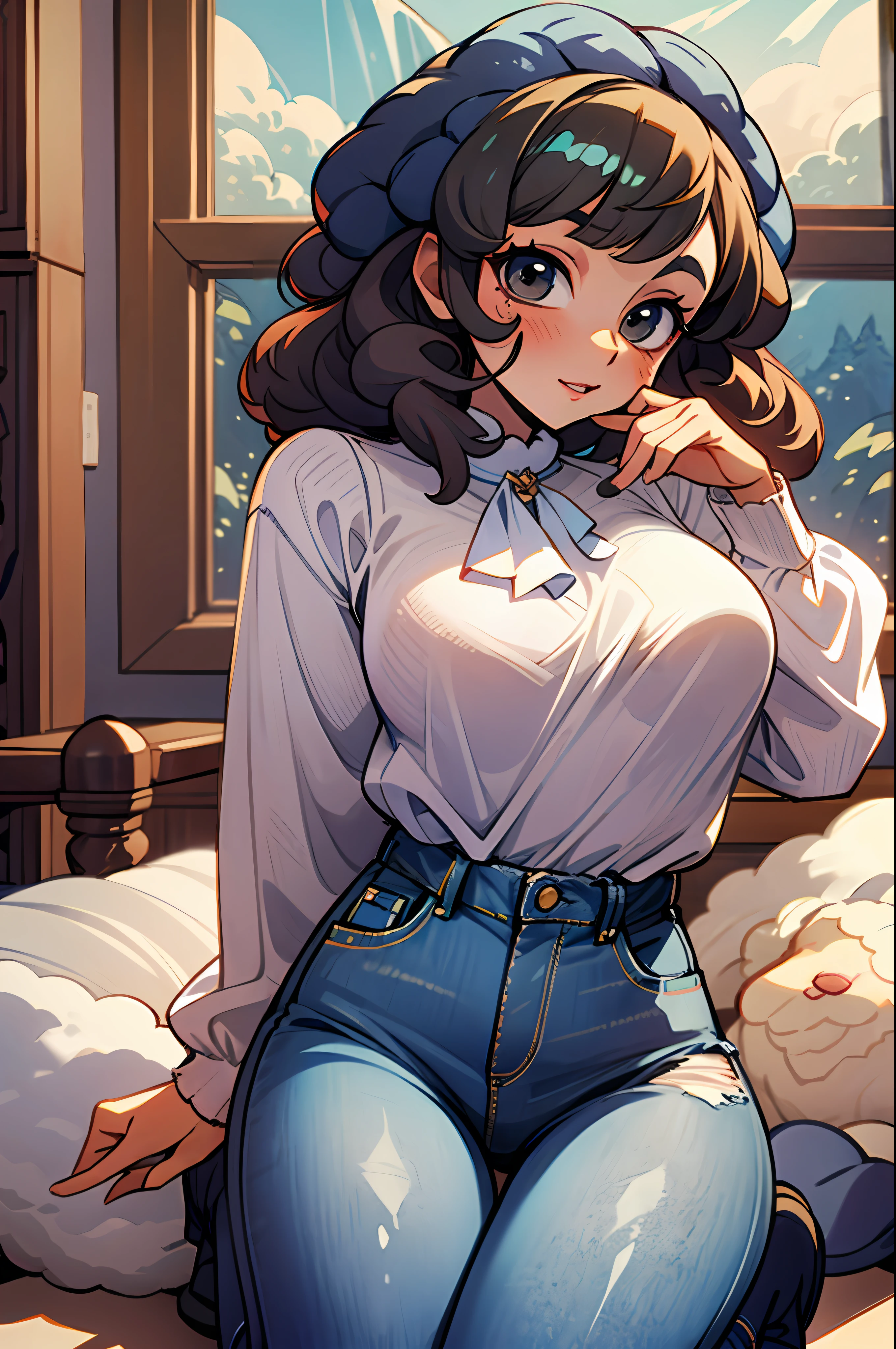 Loli sheep girl,curly hair, (wearing a wool blouse:1.6), jeans, black boot, sexy pose, looking at the viewer,living room facing the slope