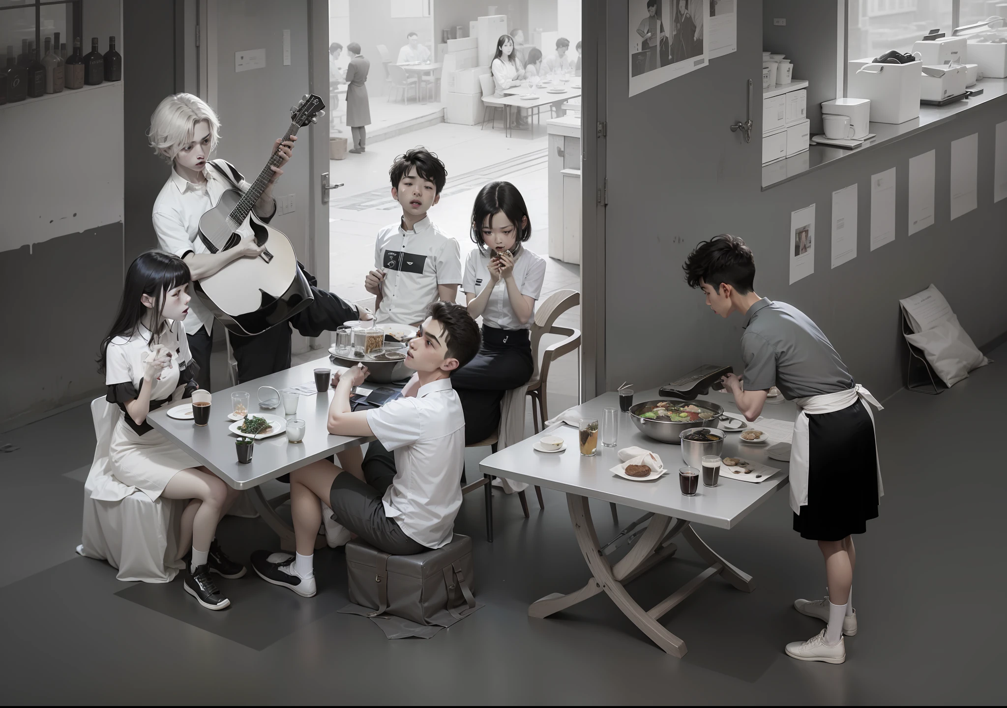 Six people had a dinner together,A boy plays a guitar,A girl in Biye,A waiter is scooping soup
