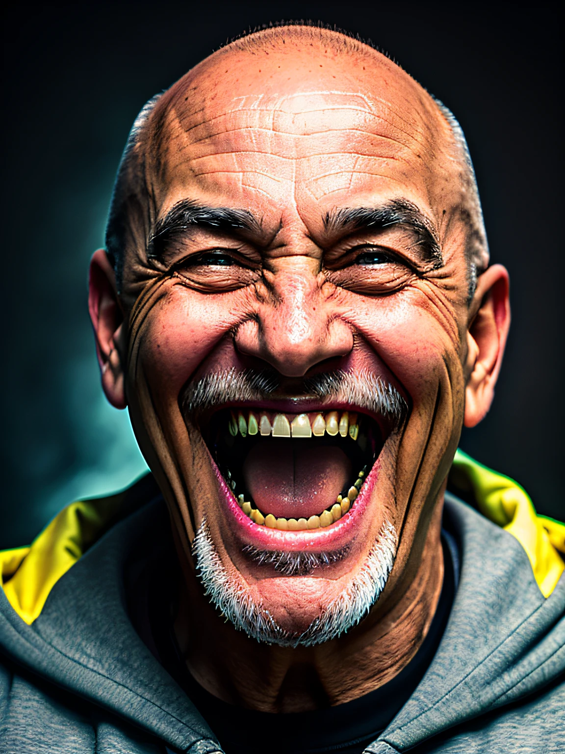 a portrait of a laughing, toxic, muscle, god, elder, (hdr:1.28), bald, hyperdetailed, cinematic, warm lights, intricate details, hyperrealistic, dark radial background, (muted colors:1.38), (neutral colors:1.2)
