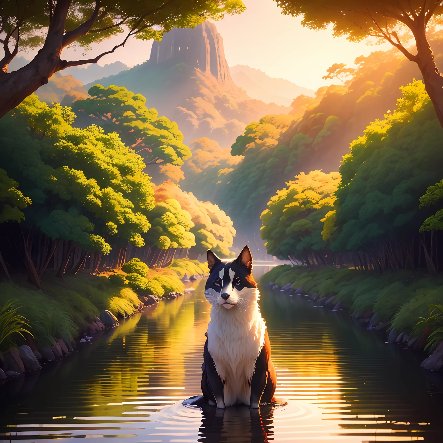 (pintura digital), (melhor qualidade), sereno floresta amazonica, lago, rio, mata densa estilo de arte Ukiyo-e, Hokusai inspiration, Deviant Art popular, 8k ultra-realista, esquema de cores pastel, soft lighting, golden hour, ambiente tranquilo, landscape orientation