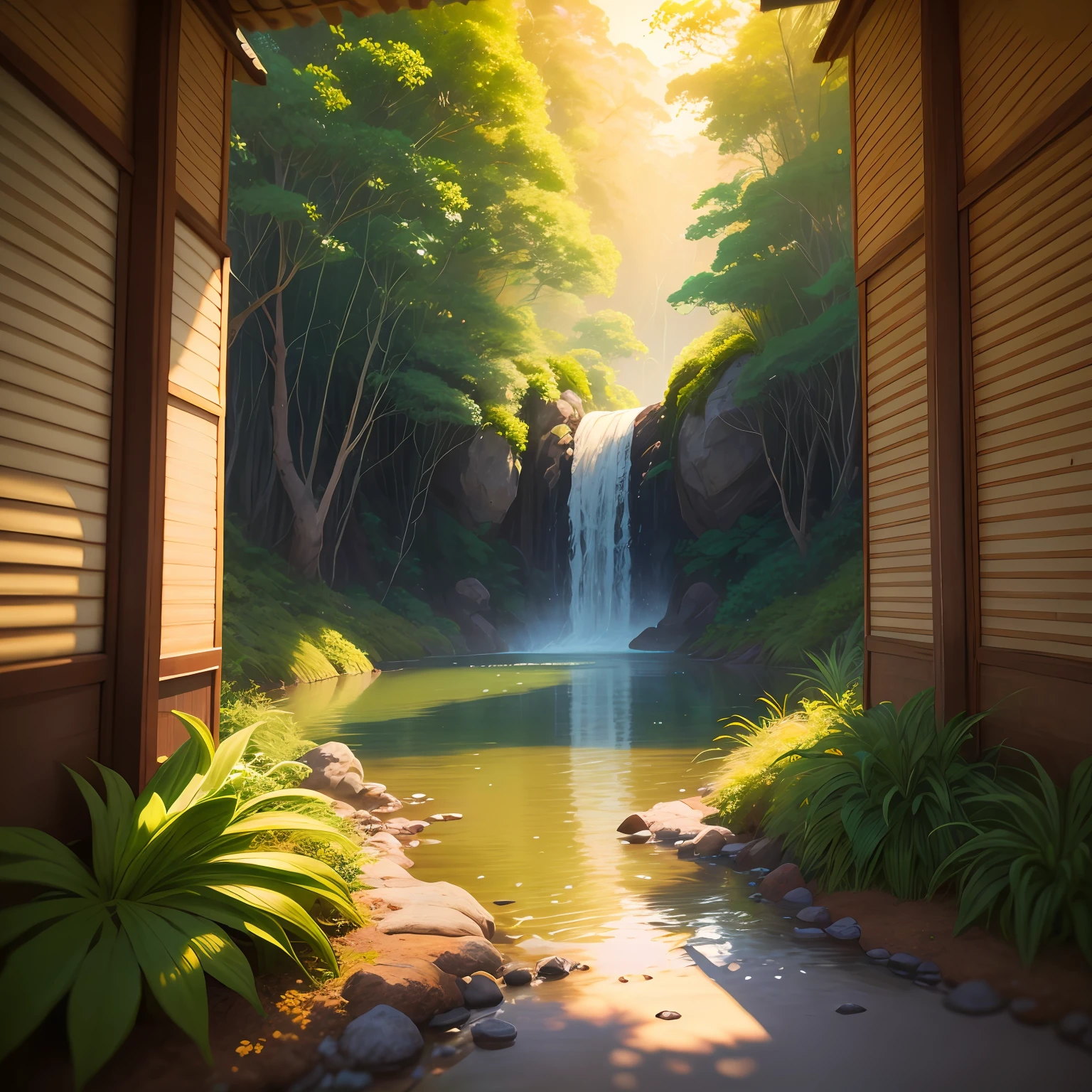 (pintura digital), (melhor qualidade), sereno floresta amazonica, lago, rio, mata densa estilo de arte Ukiyo-e, Hokusai inspiration, Deviant Art popular, 8k ultra-realista, esquema de cores pastel, soft lighting, golden hour, ambiente tranquilo, landscape orientation
