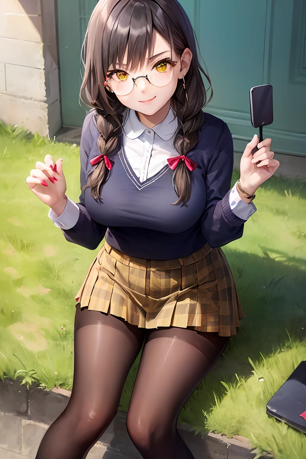 slong hair、PLEATED SKIRT、thickthighs、MASTERPIECE、sthe highest qualit:1.2)、solo、Adult woman、Evil Smile、watch the viewer、Braids、Pigtails hair、Dark hair、black tights、Black pantyhose、black stockings、Glasses、Yellow plaid、Mini skirt、Yellow miniskirt、Camisa blanca