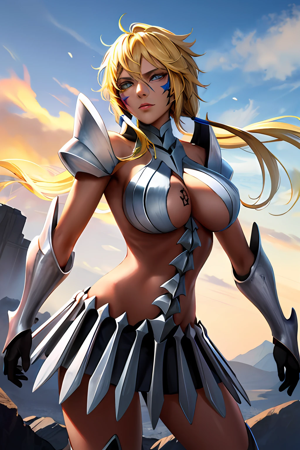 masterpiece, best quality, highres, th1, facial mark, large breasts, long hair, gloves, revealing clothes, armor, breasts tattoo, skirt, cowboy shot, standing