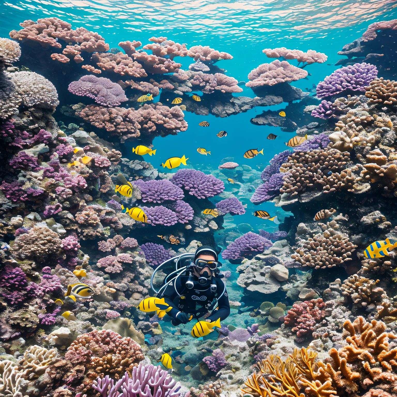 Capture a mesmerizing masterpiece of a professional diver exploring the depths of the ocean. This hyper-realistic, raw image should be in stunning high definition (HD) with an 8K resolution, allowing every intricate detail to come to life. Utilize advanced techniques to emphasize the diver's expertise and the vastness of the underwater world. Pay special attention to lighting, showcasing the interplay of natural rays filtering through the water. Let the viewer feel the intensity and awe-inspiring beauty of the deep sea through this extraordinary photograph. Camera Setup: Full-frame DSLR with a wide-angle lens, waterproof housing, and underwater strobes for optimal clarity and color accuracy. --auto
