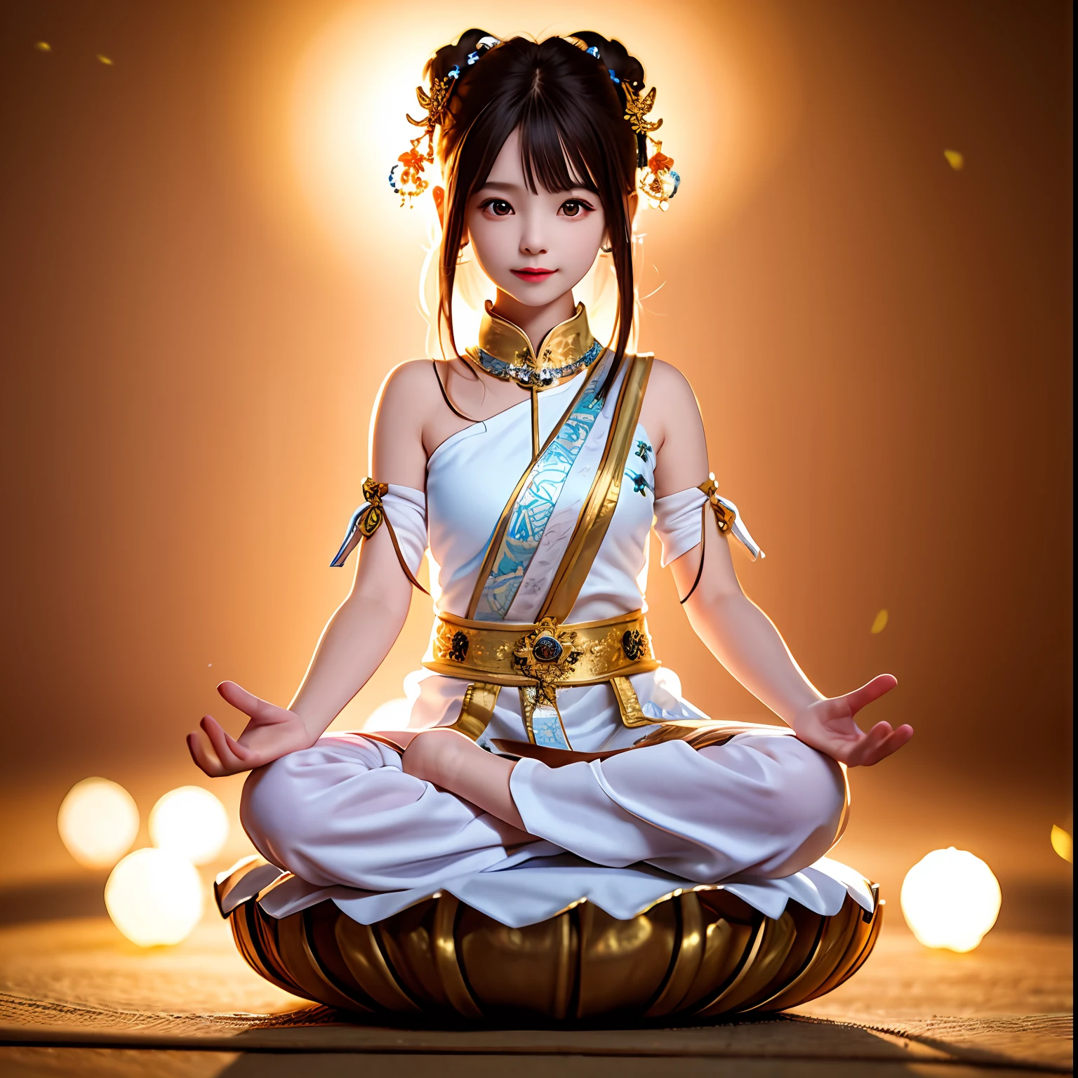  girl in monk's clothes, sitting facing in lotus pose meditating, with her eyes open looking at the viewer, floating above the ground, happy, slightly smiling, photorealistic, bokeh, particles of light，Ultra Real