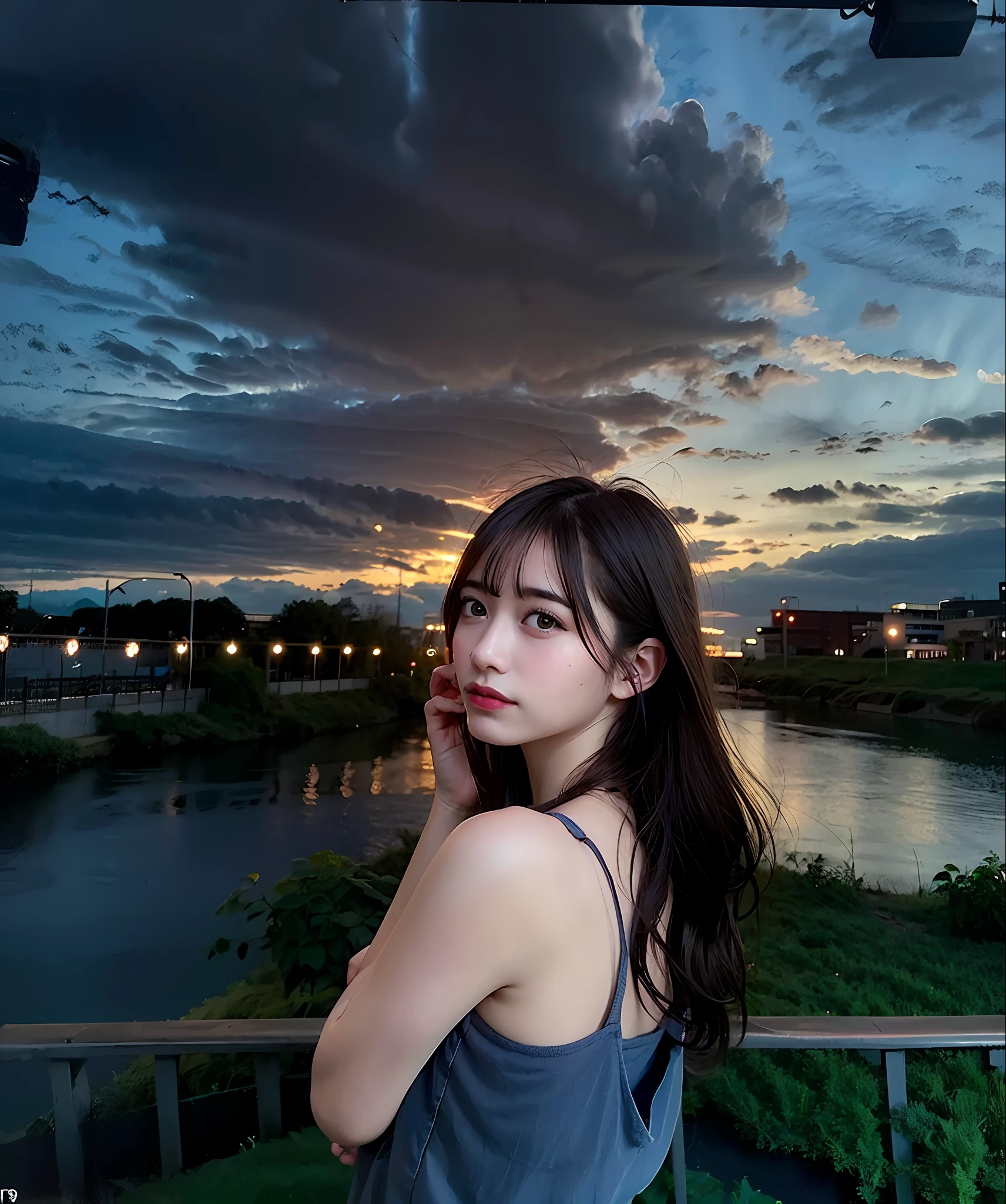 higher quality、Highres、(pfotorealistic:1.4)、1人、(dark short hair:1)、(small Breasts:1.6)、(medium Hair:1.6)、NIGHT、(overcast sky:1.8)
