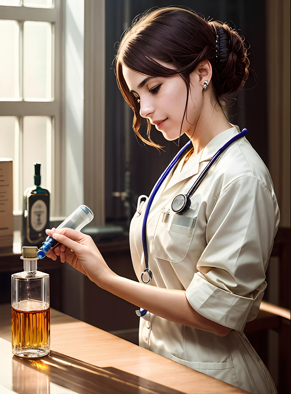 A person with a syringe in his hand, aprendendo a manusear, White coat with the symbol of the Federal Institute on the sleeve