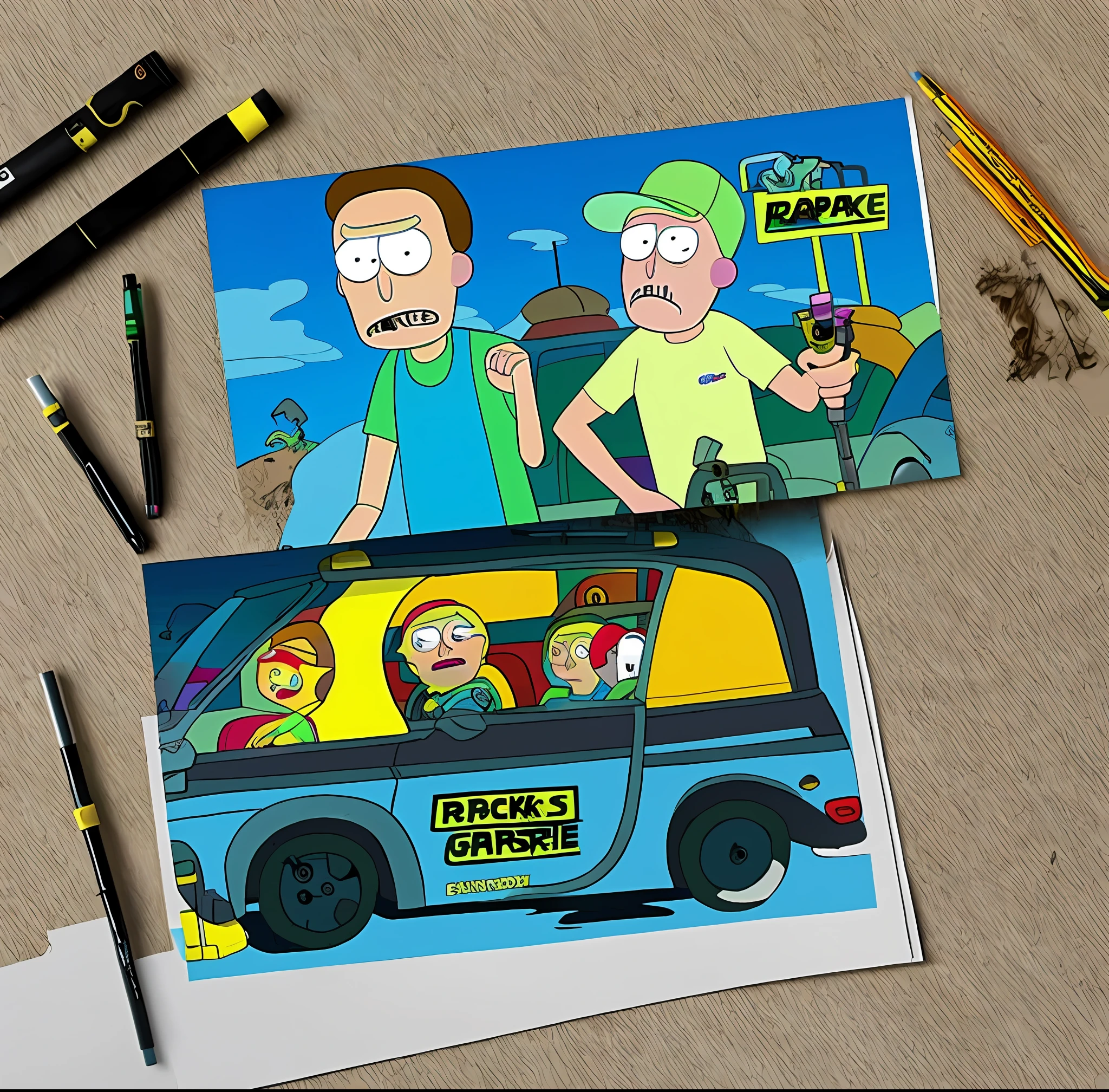 Rick da serie rick e morty fumando um cigarro ,With a Lacoste cap on Rick's head ,em quanto atras dele esta um Completo caos! com carro capotando pessoas corendo o aspecto da foto tem que ser de um desenho animado
