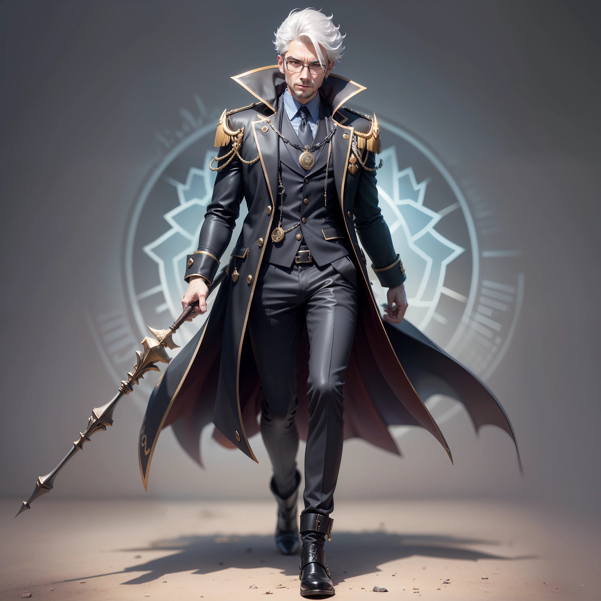 Desenhe um homem jovem com cabelos brancos, appearing to have an aura of wisdom and mystery. Seus cabelos brancos devem ser longos e levemente ondulados, proporcionando um visual elegante e distinto.

Ele usa um longo, black overcoat that extends to his ankles, creating an imposing and intriguing appearance. O sobretudo deve ter um design detalhado, with mysterious symbols or subtle inscriptions that suggest occult knowledge.

Seus olhos devem ser penetrantes e expressivos, imparting wisdom and a depth of experience. He may wear glasses or have an intense gaze that seems to see beyond the obvious.

The special silver footwear he wears is a unique and technological piece. It should be a type of boot or footwear that goes up to the knee, com um acabamento brilhante e detalhes futuristas. Essas botas prateadas devem ser estilosas e funcionais, providing the character with a unique and distinctive appearance.

Furthermore, It can carry some kind of artifact or special accessory, like a mystical staff or a bracelet with shiny gems, that reinforce your status as an individual with special powers or abilities.

Sinta-feel free to give the figure an air of mystery and power, keeping a touch of youth in his appearance. Lembre-if the main emphasis is on the black overcoat and the special silver footwear, But other additional details can be added to enhance the character and make-lo ainda mais fascinante