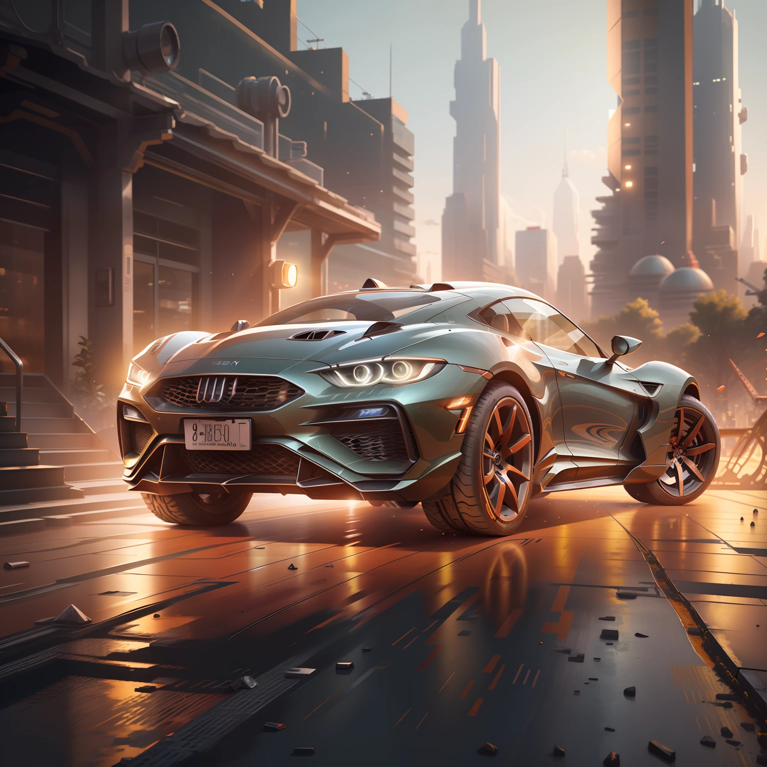 (High Definition, 9k) A futuristic sports car on the street of a futuristic cityscape with skyscrapers with glass