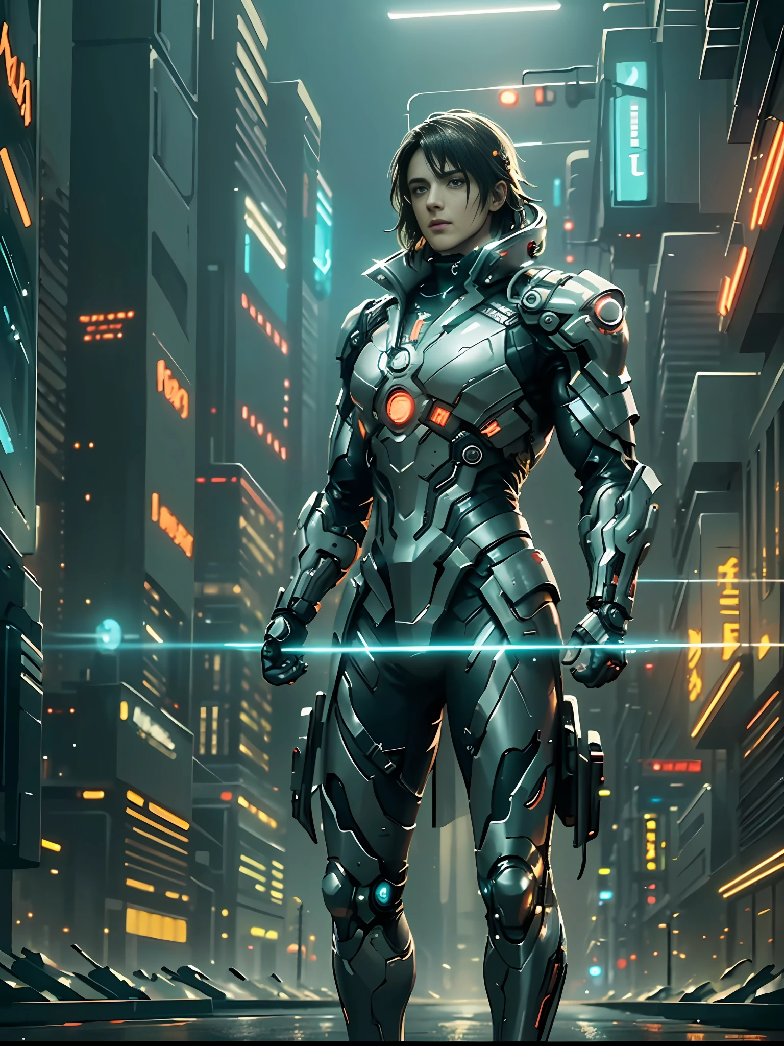 (best quality:1.3), (best performance:1.2), (best illustration:1.2), (Comic style:1.2), (artistic cinematic lighting:1.2) (1man) wearing futuristic technological Cyberpunk electronic robes, his body is covered by metallic parts, in a cinematic horror movie background in a futuristic Cyberpunk city.