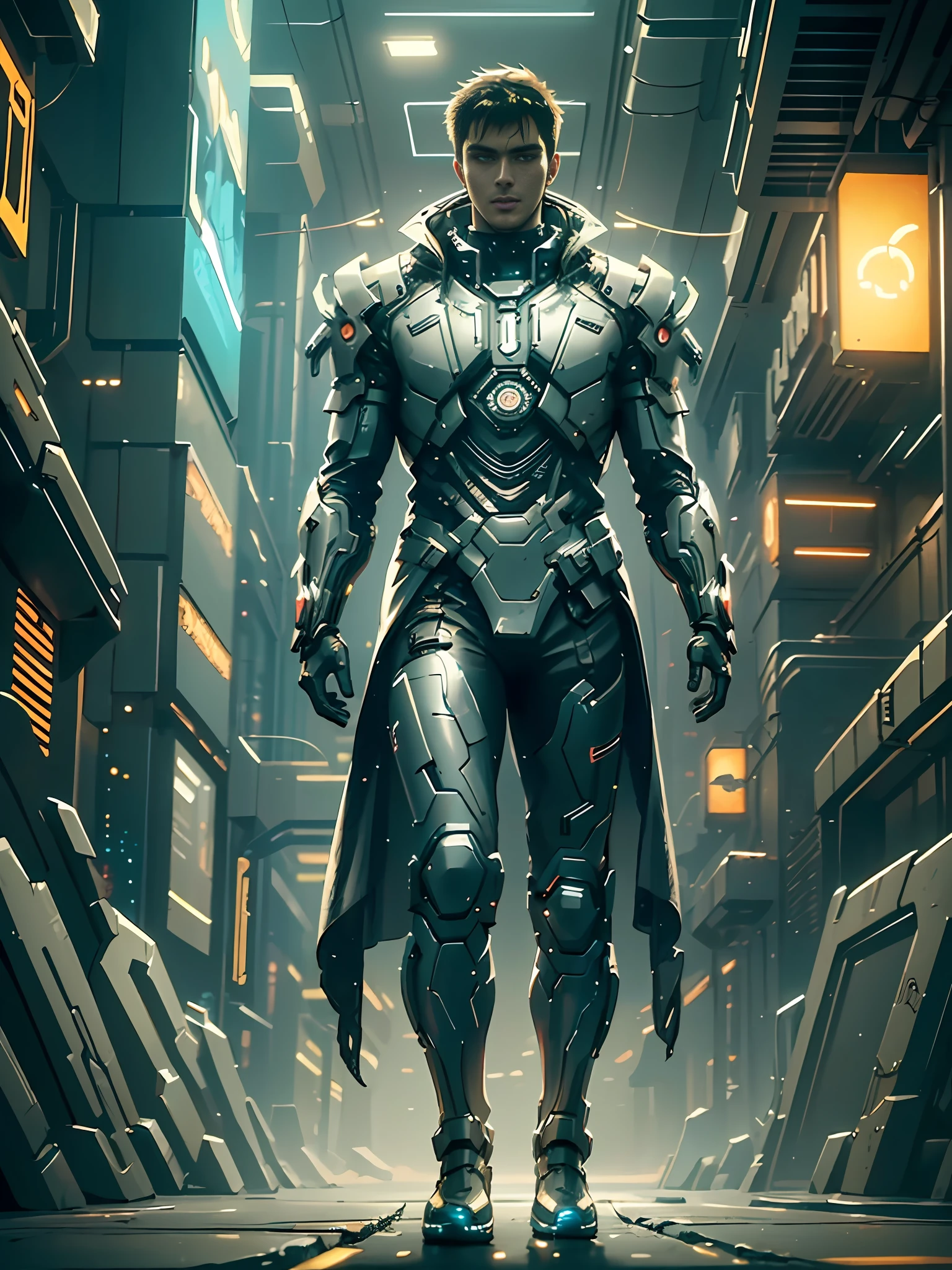 (best quality:1.3), (best performance:1.2), (best illustration:1.2), (Comic style:1.2), (artistic cinematic lighting:1.2) (1man) wearing futuristic technological Cyberpunk electronic robes, his body is covered by metallic parts, in a cinematic horror movie background in a futuristic Cyberpunk city.