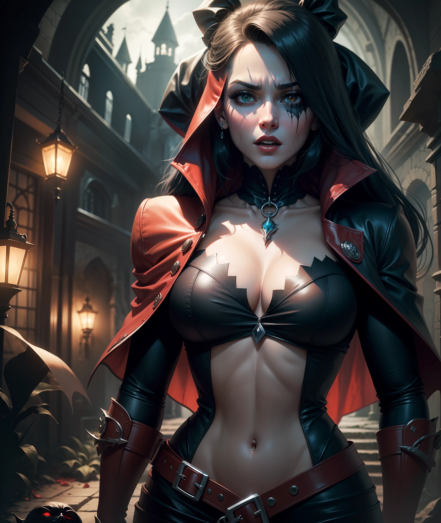 castlevania syymphony of the night game style art, splash art castle, vampiro, sangue mediano, (suavizar as sombras do rosto) ((woman vampiro)) (castlevania style) --auto