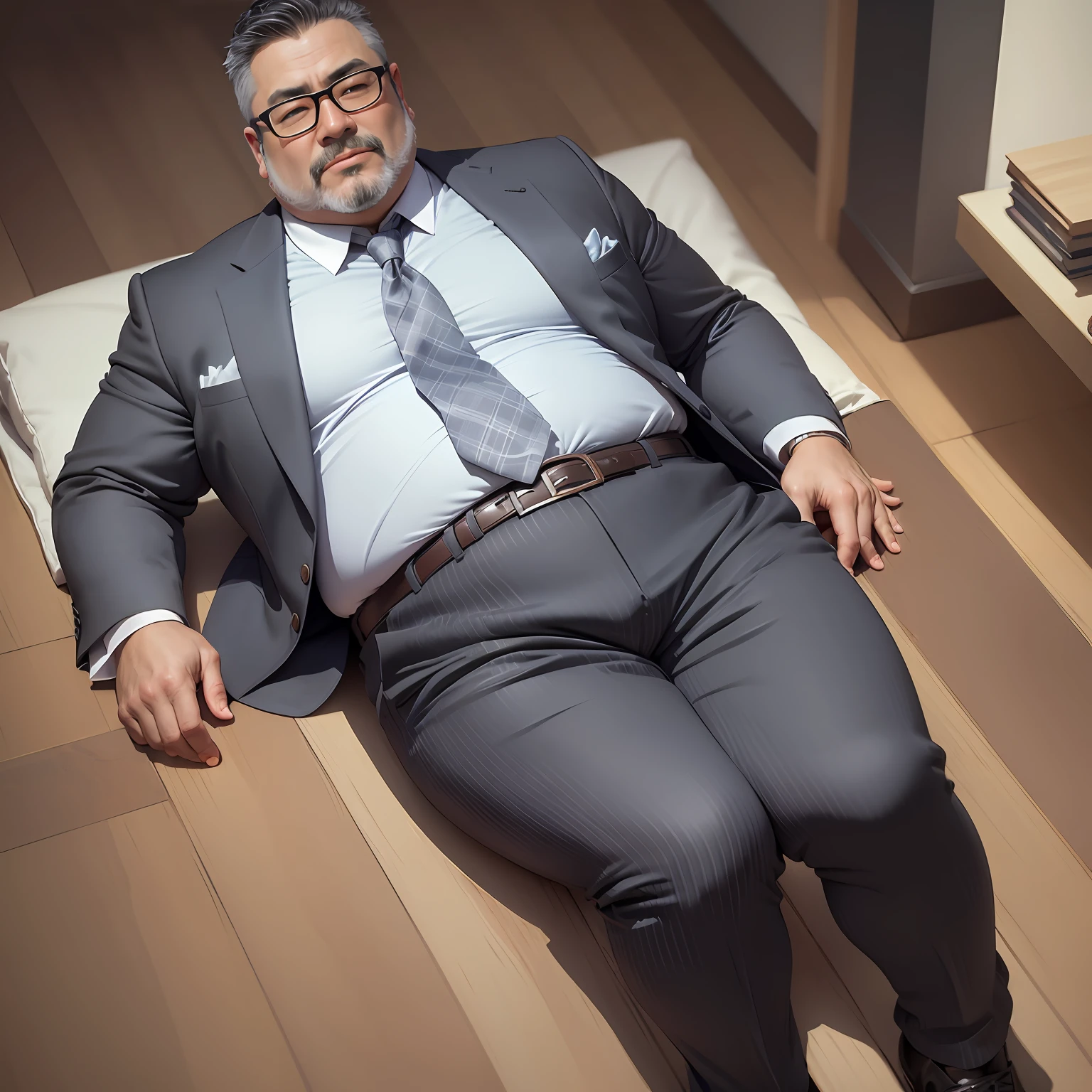manly man,elder,grey hair,fat,stocking,suit,black shirt,sleeping,daytime,diffuse Lighting,from above,full body --auto