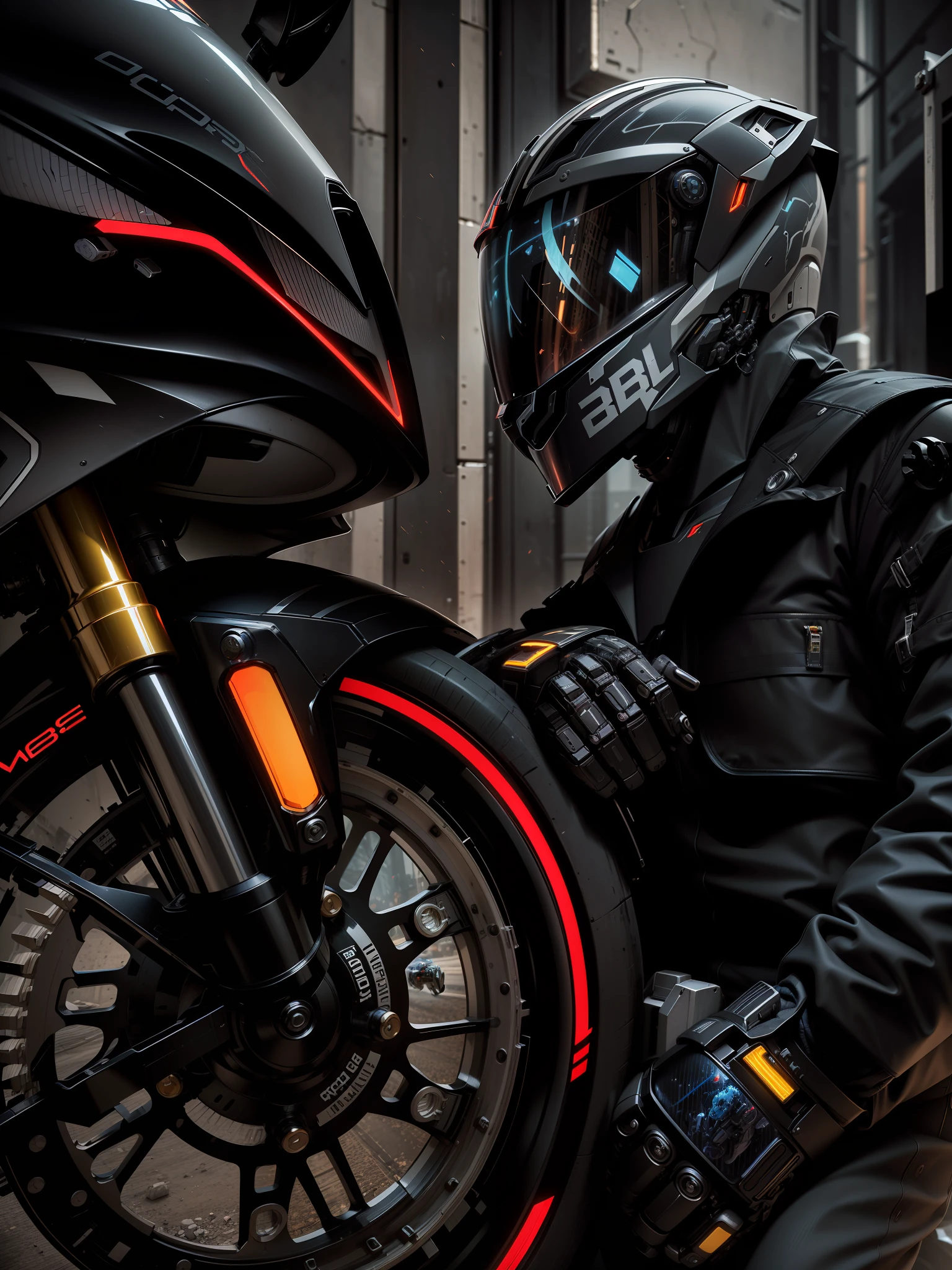 Handsome full body black mecha white short hair cyber handsome warrior, black cyber mechanical motorcycle, high-tech black full surround helmet, white short hair, Nousr, biomechanics, MSHN robot man, high-tech helmet, surreal, steel, complex design, crazy details, fine details, extremely clear lines, cinematic lighting, photo realism, detailed masterpiece