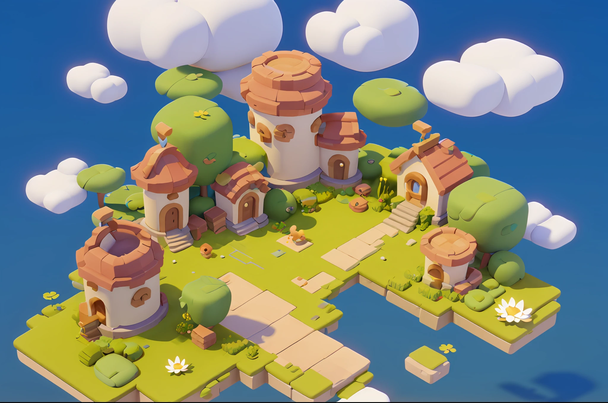 game architectural design, Cartoon, town、, stones, blue Sky、, white clouds, lotus leaves, lotus flowers, small lake, bricks, grass field, kali, blossoms, casual game style, 3d, blender, Closeup, masterpiece, Super detail, sthe highest qualit