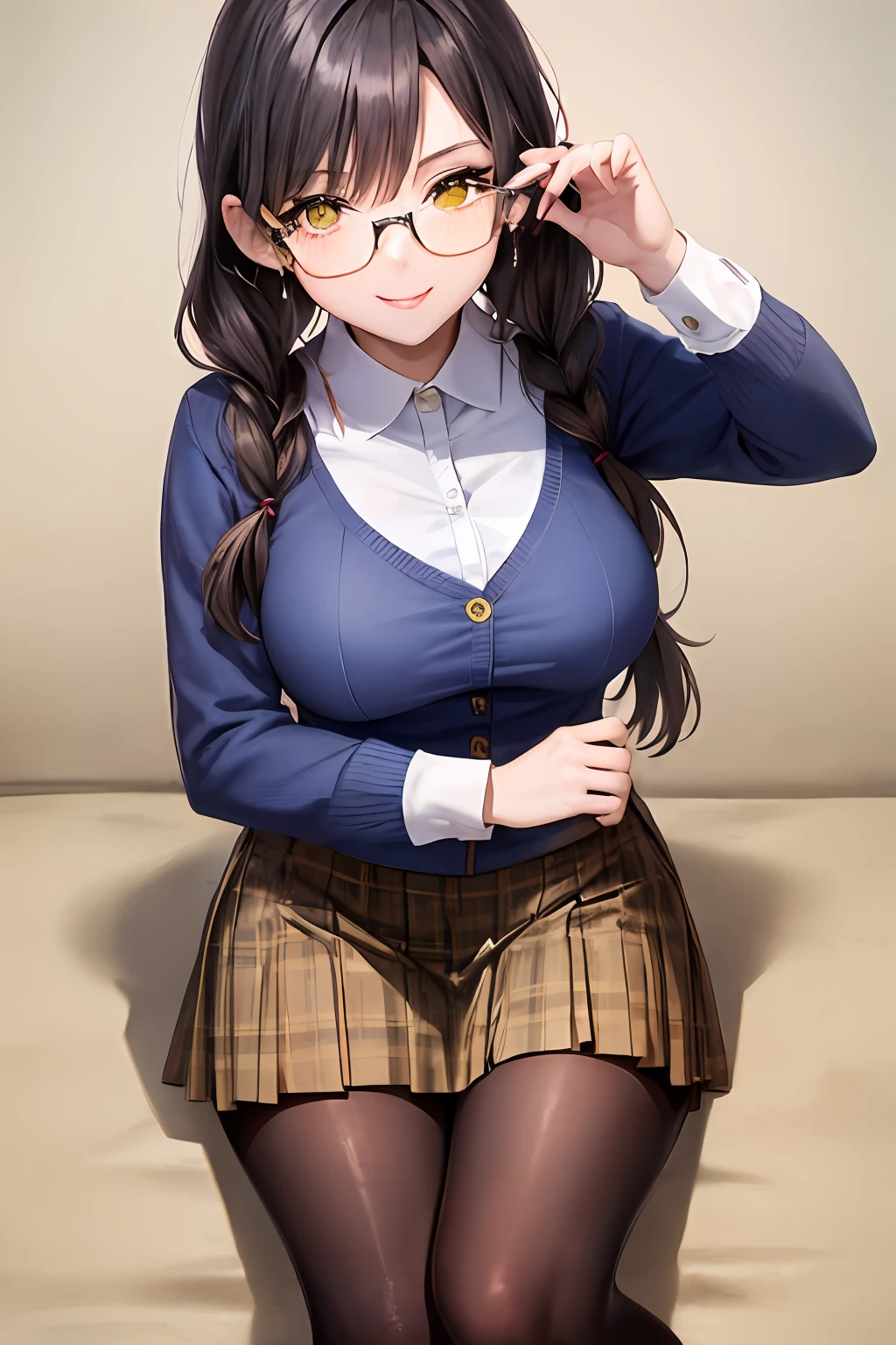 slong hair、PLEATED SKIRT、thickthighs、MASTERPIECE、sthe highest qualit:1.2)、solo、Adult woman、Evil Smile、watch the viewer、Braids、Pigtails hair、Dark hair、black tights、Black pantyhose、black stockings、Glasses、Yellow plaid、Mini skirt、Yellow miniskirt、Camisa blanca