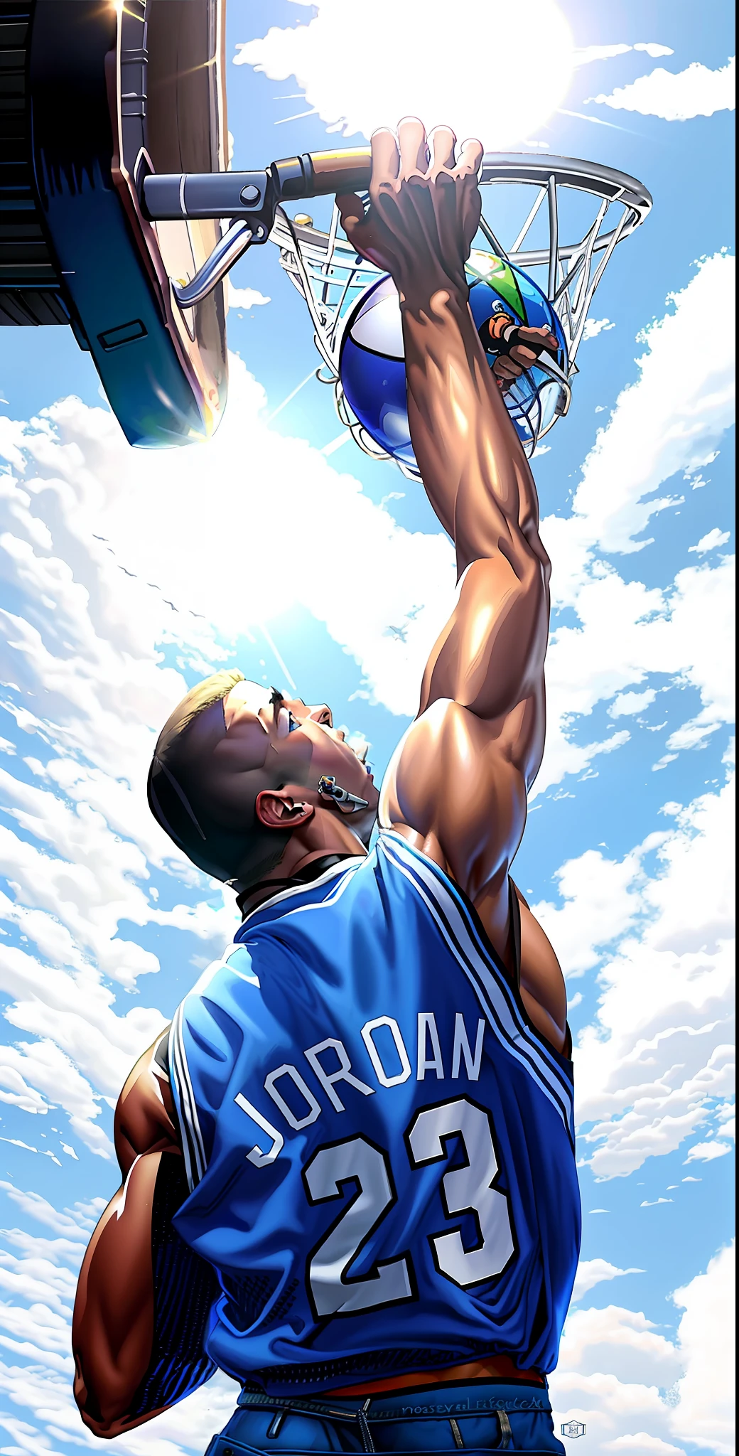 imagem realista de michel jordan enterrando a bola , qualidade e tonalidades das cores perfeitas, ultra realista