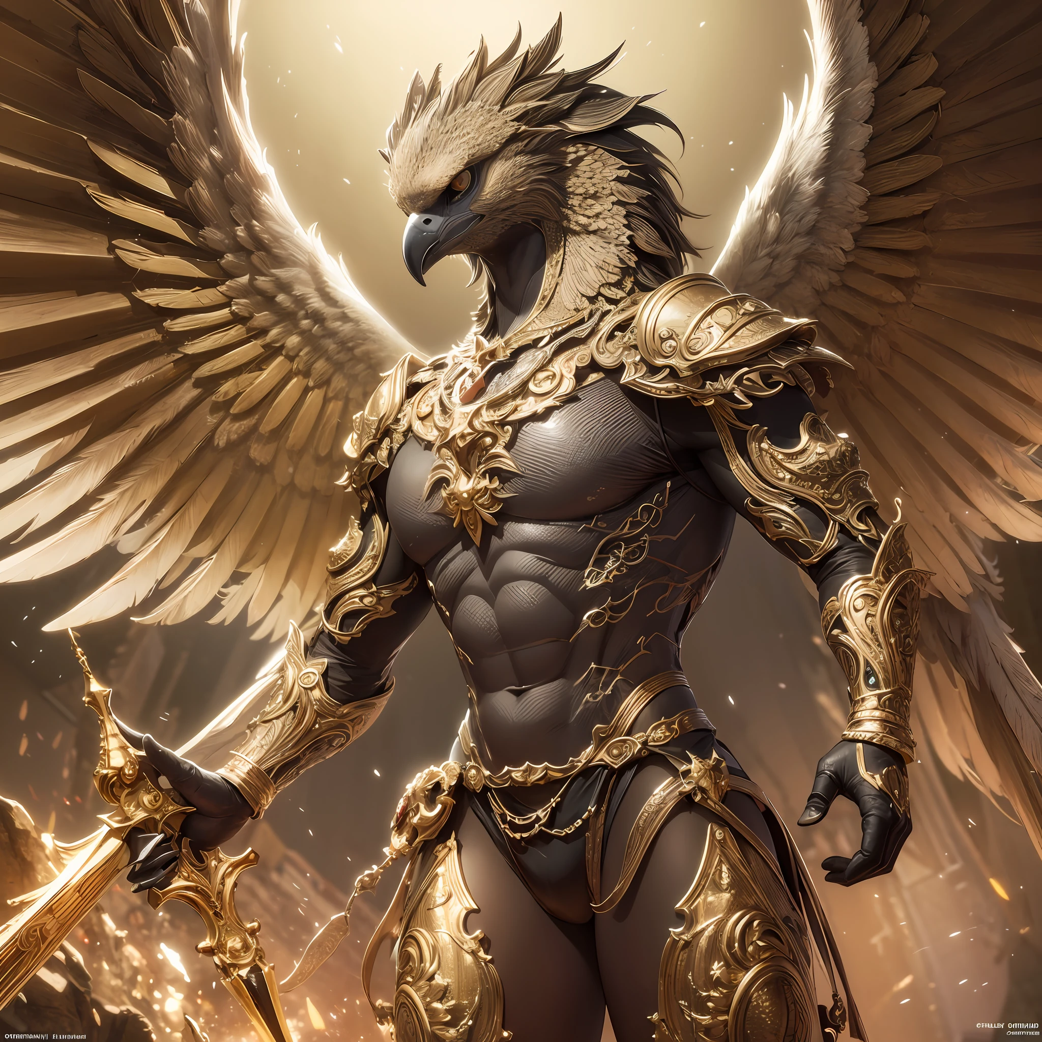 The anthropomorphic eagle vulture can be described as having a human body and（Eagle's head）and golden wings，Someone's arm，（Eagle's legs），Creatures walking upright，（full body portrait），（far view），（（Beautifully detailed griffin））（极其详细的CG Unity 8k壁纸），Professional majestic oil painting by Ed Blinky，Atea Gaylan，Studio Ghibli，Jeremy Mann，Greg Manches，Antonio Moreau on display at ArtStation，popular on CGSociety，sophisticated，high-detail，Sharp focus，Dramatic photorealistic paintings by Midjourney and Greg Rutkowska。super high res， best quarity， photore， 8K， （lifelike： 1.2）， cinematic Lighting，A giant wearing a bright gold robe and golden feathers，Float on a crystal throne，Floating on a crystal cloud，Yellow eyes，A bright yellow glow emanates from the throne，Gemstones float in the sky，god almighty，Beams of light enveloped his body，  There is a large translucent on the crystal throne（Golden feathered wings），Wings spread，Golden light overhead（aura：1.2），The abdominal muscles are dressed in medieval gold armor，golden feathers，mascular，The dark，Meisterwerk，best quarity，Complicated Detail，Snow environment and crystal in background，Crystal Cathedral，Portal of the future，3D光，hdt，MAGIC，God of Light，back lighting，Detailed face， dread，depth offield，Soft lighting，tonemapping，highly detailded，concept art by theCHAMBA，SMOOTHNESS，Clear focus，Dramatic lighting，highly detailed art，CINEMATIC，8K，amazing shadows（highly detailed background：1.2） --auto --s2