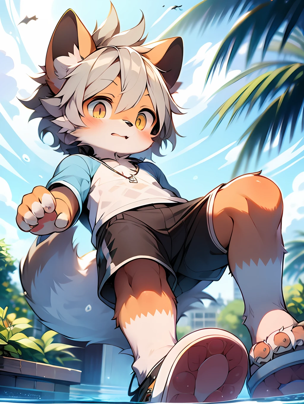 （By Dagasi：1.1），BREAk，Meisterwerk，Highresolution，8k，Detailed Background，high Quality，BREAk，BREAk，（（Light blue fur，Grey Hair，Black Sclera，Yellow eyes，Fluffy,,，Detailed Fur）） furred，break，Masculine，The boy， humanoid shape，short pants，swimming trunks