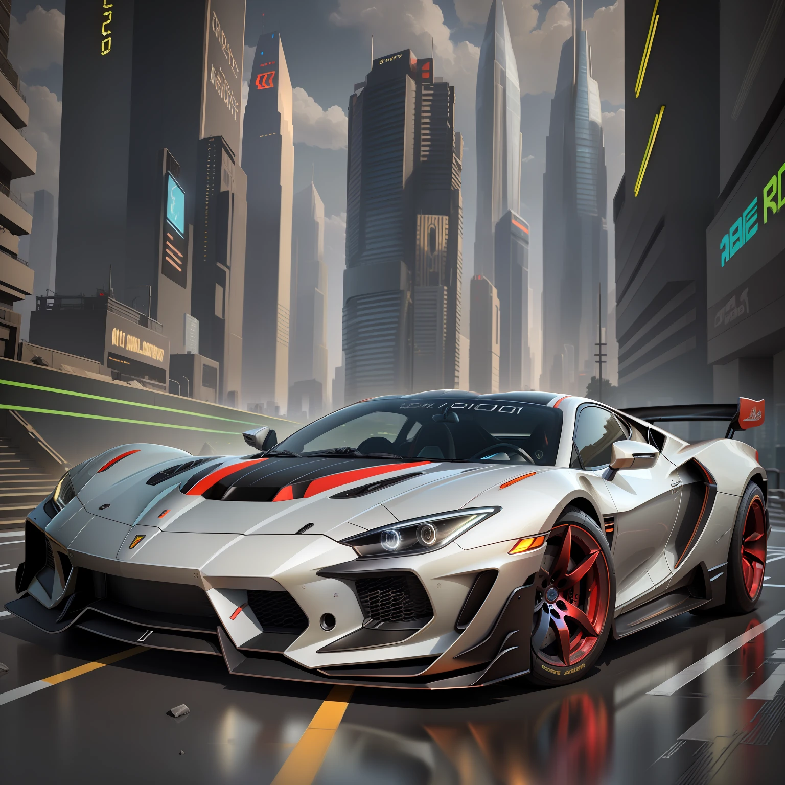 (High Definition, 9k) A futuristic sports car on the street of a futuristic cityscape with skyscrapers with glass