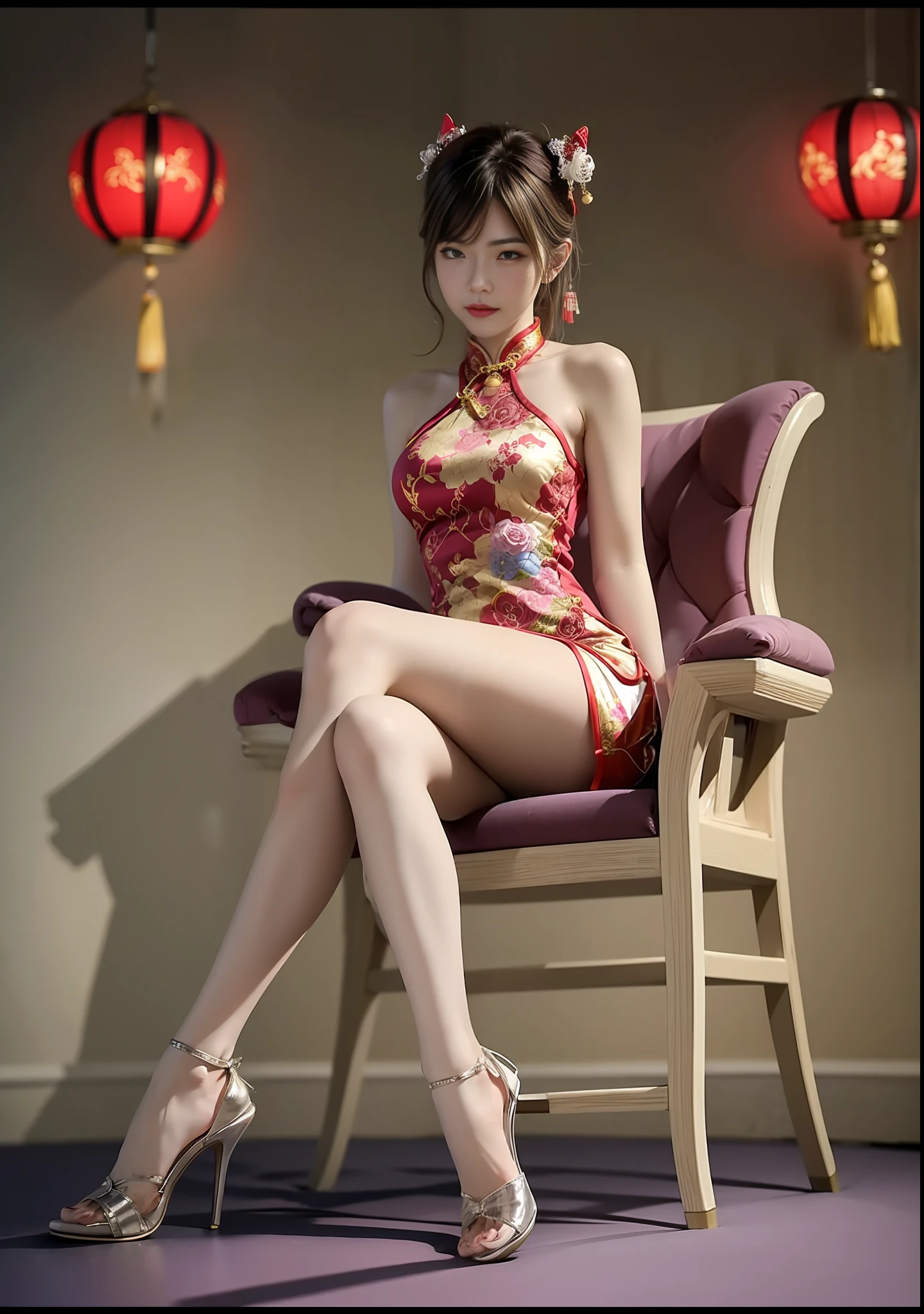 A sexy and seductive lady，High-forked cheongsam，Gorgeous cheongsam，stiletto heels，naked leg，Teasing expressions，sit on throne，streaked hair，Brunette，moles under the eyes，Half-closed eyes，MAKEUP，anime styled，Chinese court，Chinese feeling，lanterns，Chinese knot，Ultra high definition，Masterpiece、，8k，best quarity，ccurate，Anatomically correct，Highly detailed character，Stiletto heels，naked leg，Rounded and smooth bare legs，(8k, Raw photo, best quarity, Masterpiece、，:1.2), european feel,Medieval,（（Character Concept Art）），full body concept，Still life, Fine detail, center of screen, still life only,