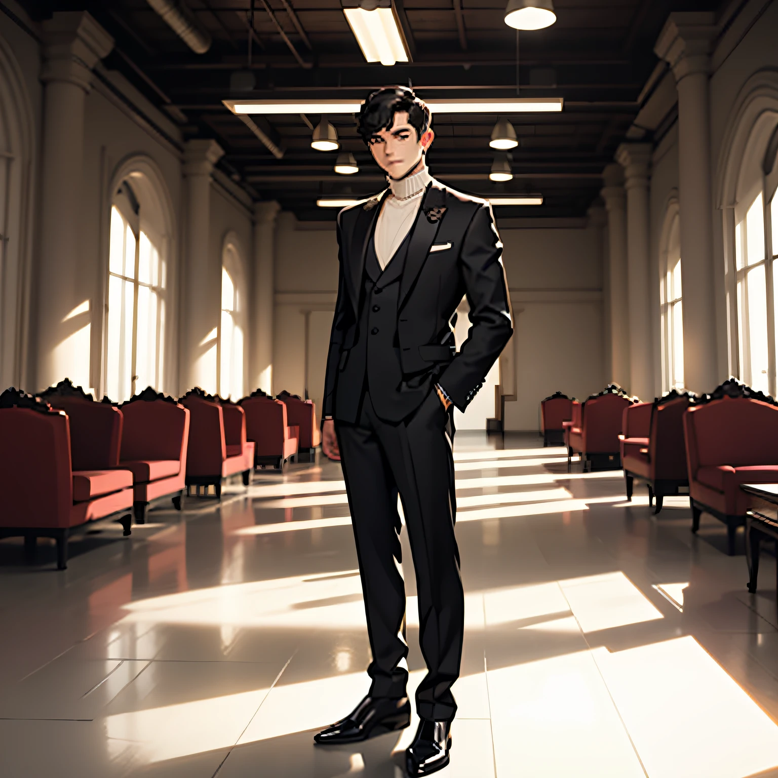 Meisterwerk, Male focus, 1boy, looking to the side, Black formal wear, Tuxedo jacket, White turtleneck sweater, WHITE BACKGROUND, A faint smile,Stand in the lobby of an indoor hotel --auto