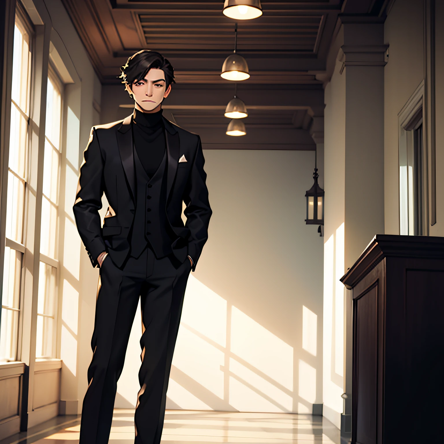 Meisterwerk， Male focus， 1boy， looking to the side， Black formal wear， Tuxedo jacket， White turtleneck sweater， WHITE BACKGROUND， A faint smile，Stand in the lobby of an indoor hotel --auto