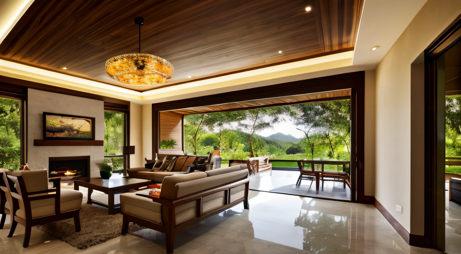 Interior design, amazingly detailed wide angle architectural photography, cozy designer living room (warm bright sunlight 1:0.1), award-winning contemporary interior design, landscape, table, chair, interior, hardwood floor, window, restaurant, east asian architecture, sliding doors, lamp, architecture, forest, nature, cup, plant, INTERIOR DESIGN, interesting lights and shadows, depth of field