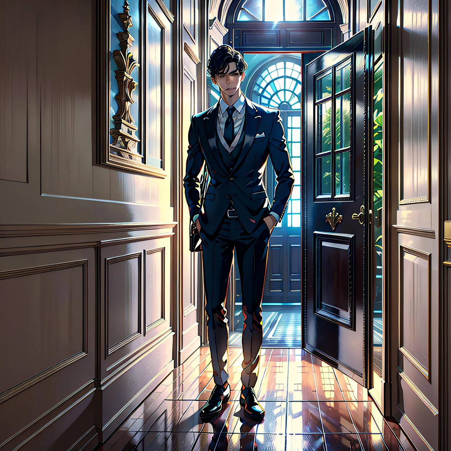 Meisterwerk， Male focus， 1boy， looking to the side， Black formal wear， Tuxedo jacket， White turtleneck sweater， WHITE BACKGROUND， A faint smile，Stand in the lobby of an indoor hotel --auto