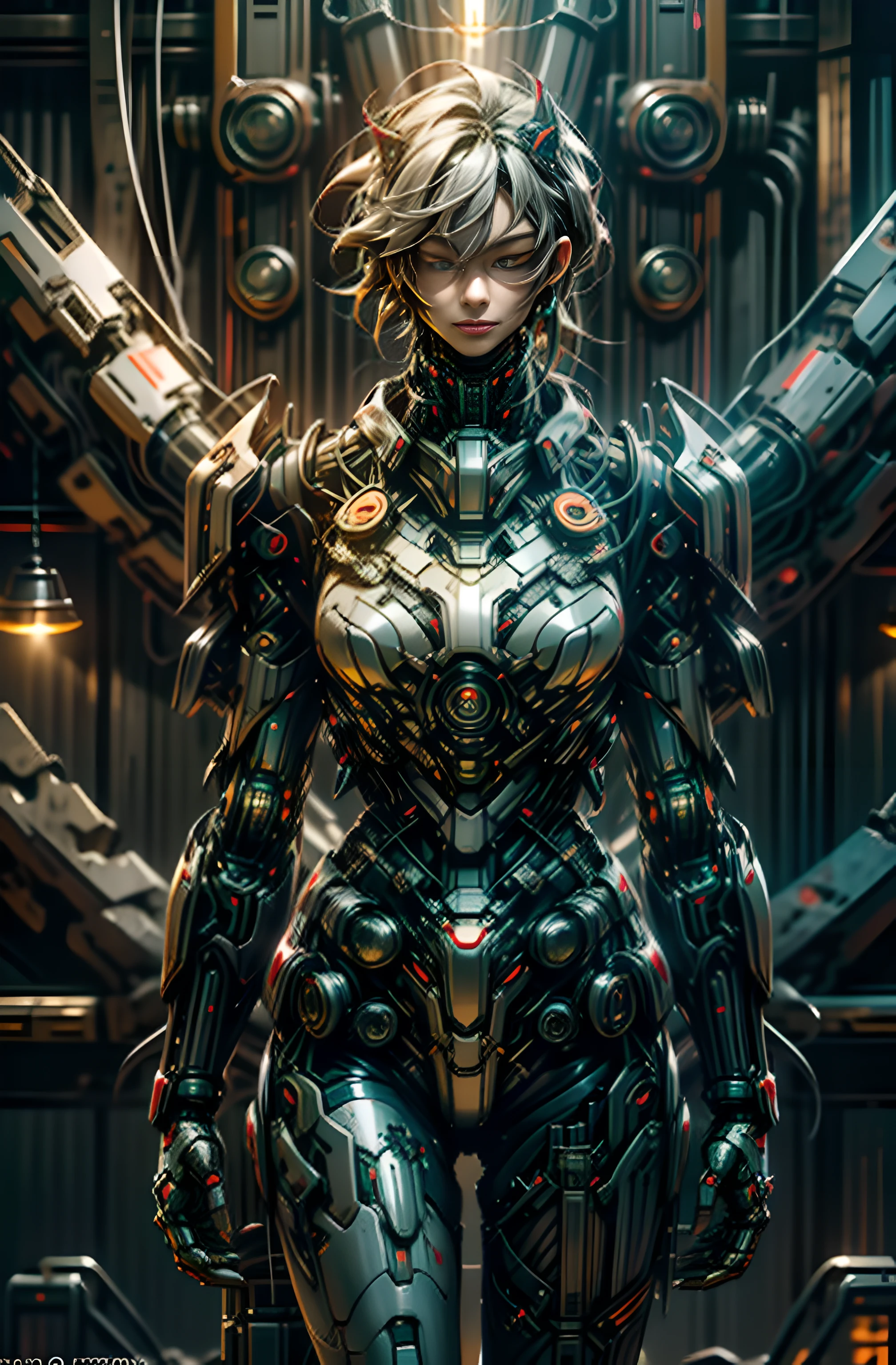 Dark_Fantasy,Cyberpunk,(chain saw,chain saw man,Red:1.1),1man,Mechanical marvel,Robotic presence,Cybernetic guardian, wearing a worn-out mech suit, intricate, (steel metal [rusty]), elegant, clear focus, shot by greg rutkowski, soft lighting, vibrant colors, masterpiece, ((street)), cowboy shot, dynamic pose,